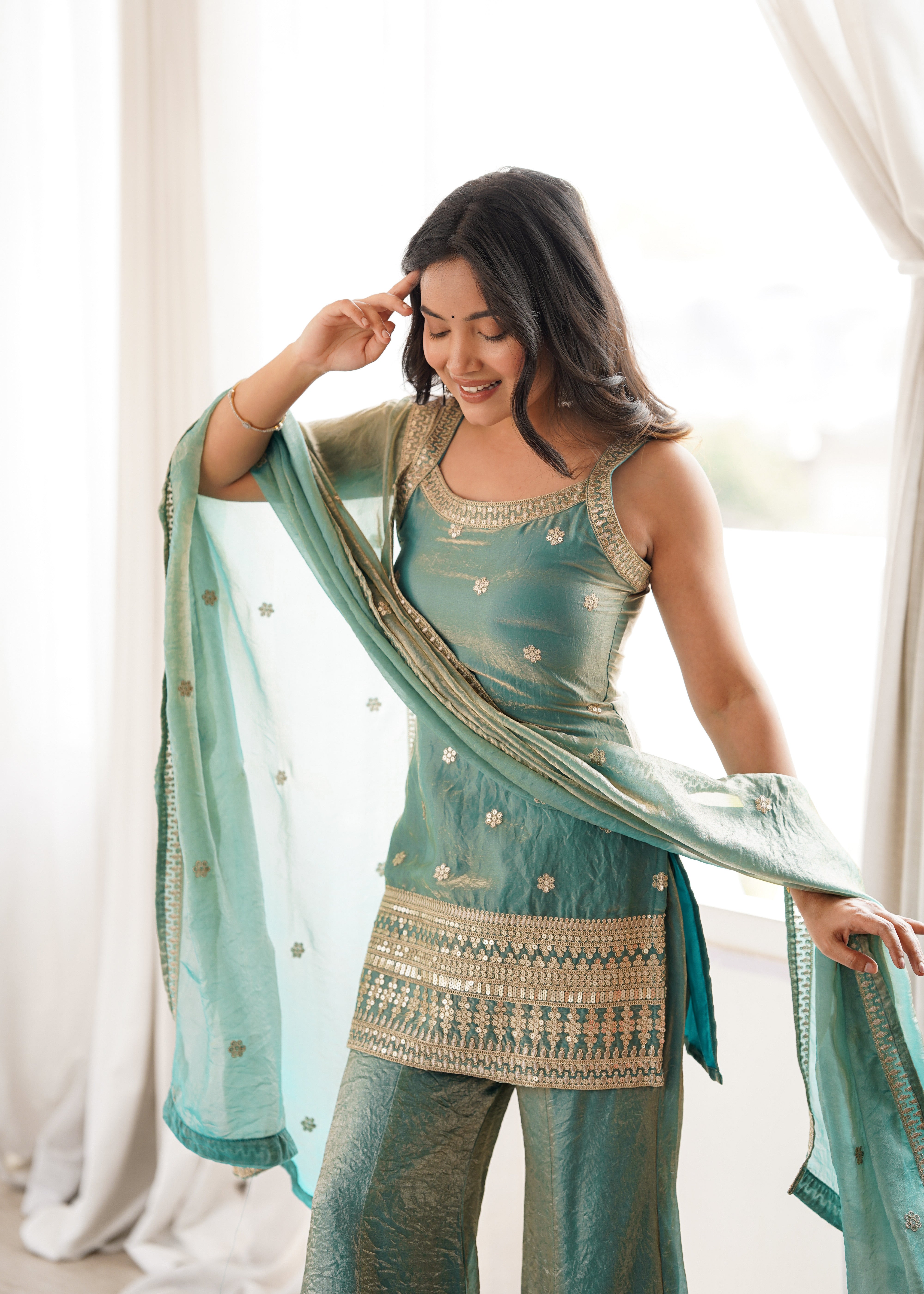 Women’s Seagreen Frendy Silk Embroidered Kurta Set with Dupatta & Bell Bottom Pant | Nardev Fashion