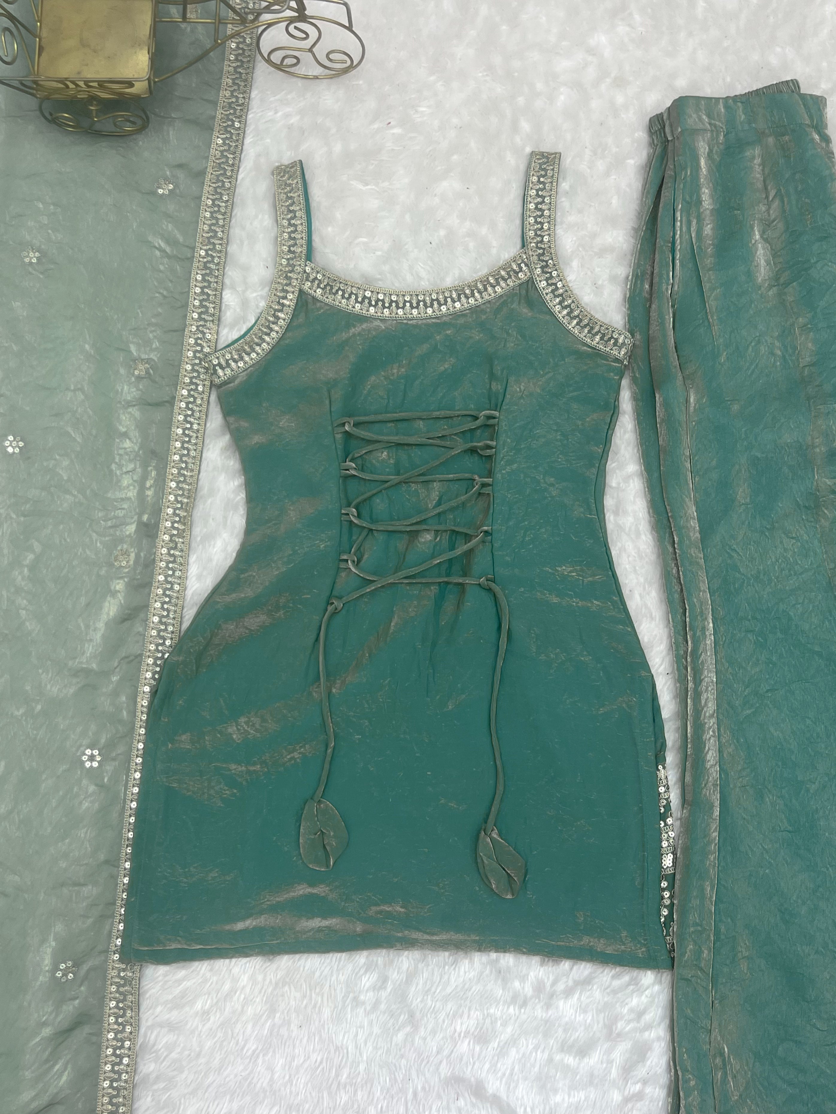 Women’s Seagreen Frendy Silk Embroidered Kurta Set with Dupatta & Bell Bottom Pant | Nardev Fashion