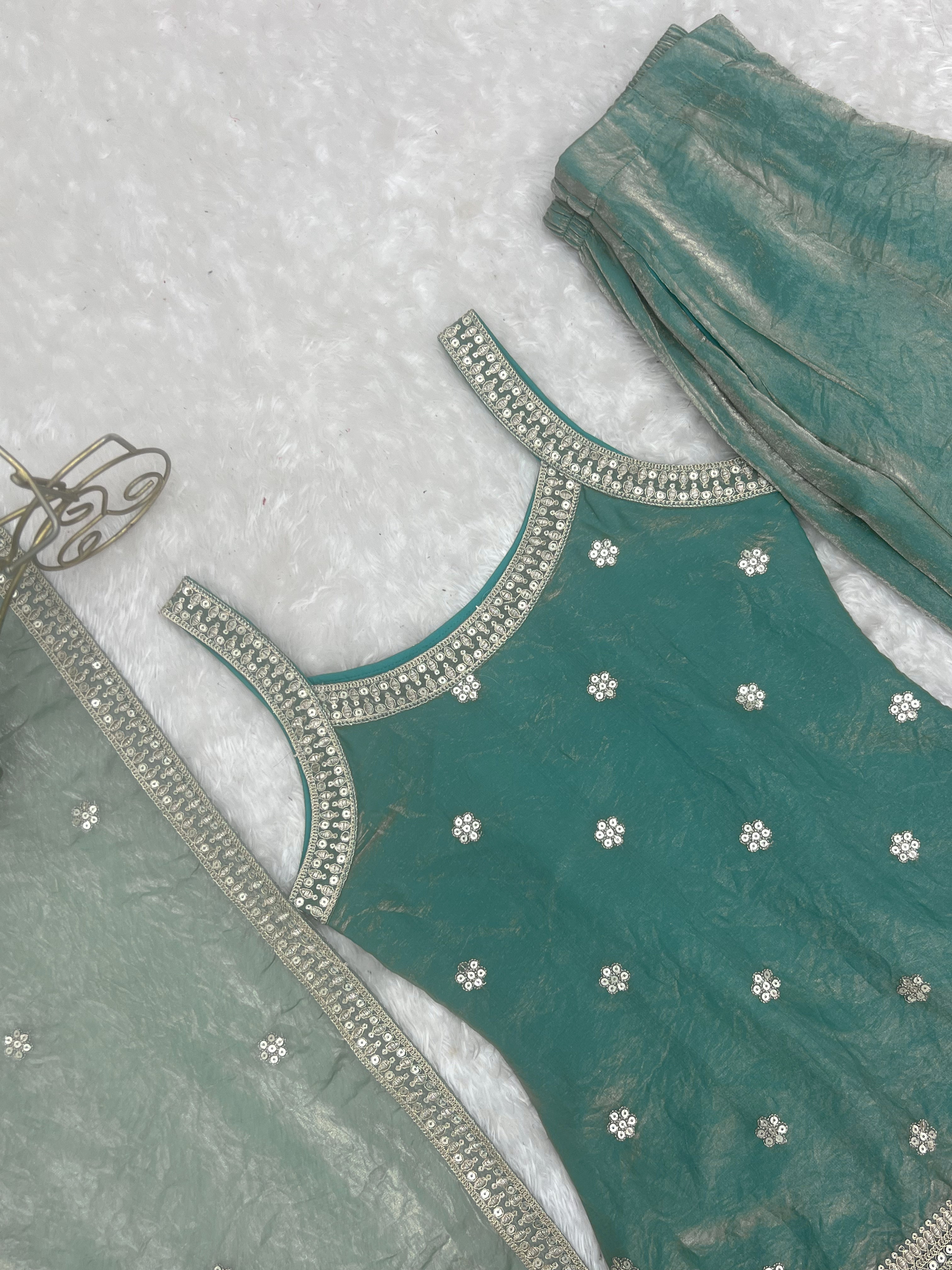 Women’s Seagreen Frendy Silk Embroidered Kurta Set with Dupatta & Bell Bottom Pant | Nardev Fashion
