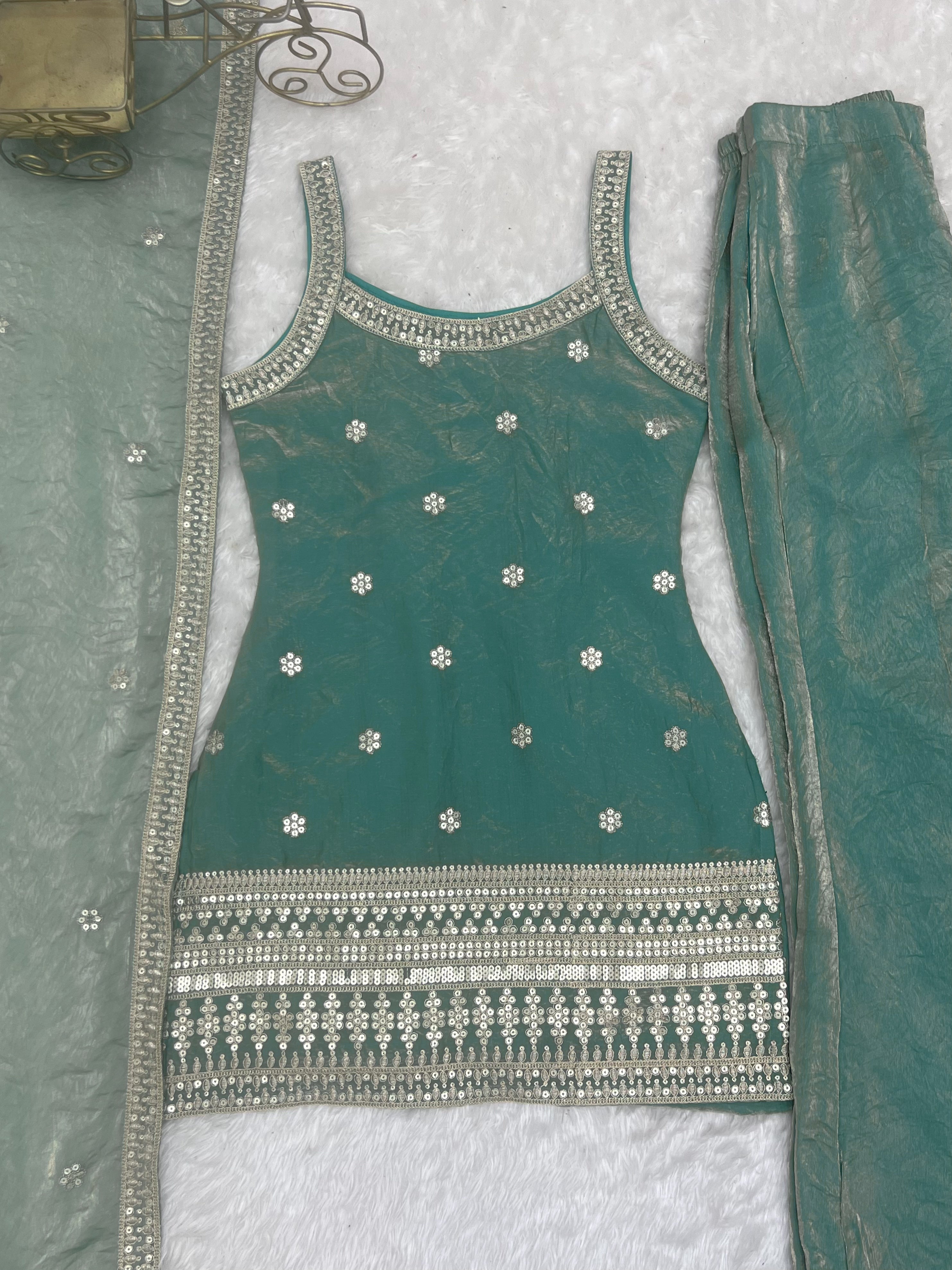 Women’s Seagreen Frendy Silk Embroidered Kurta Set with Dupatta & Bell Bottom Pant | Nardev Fashion