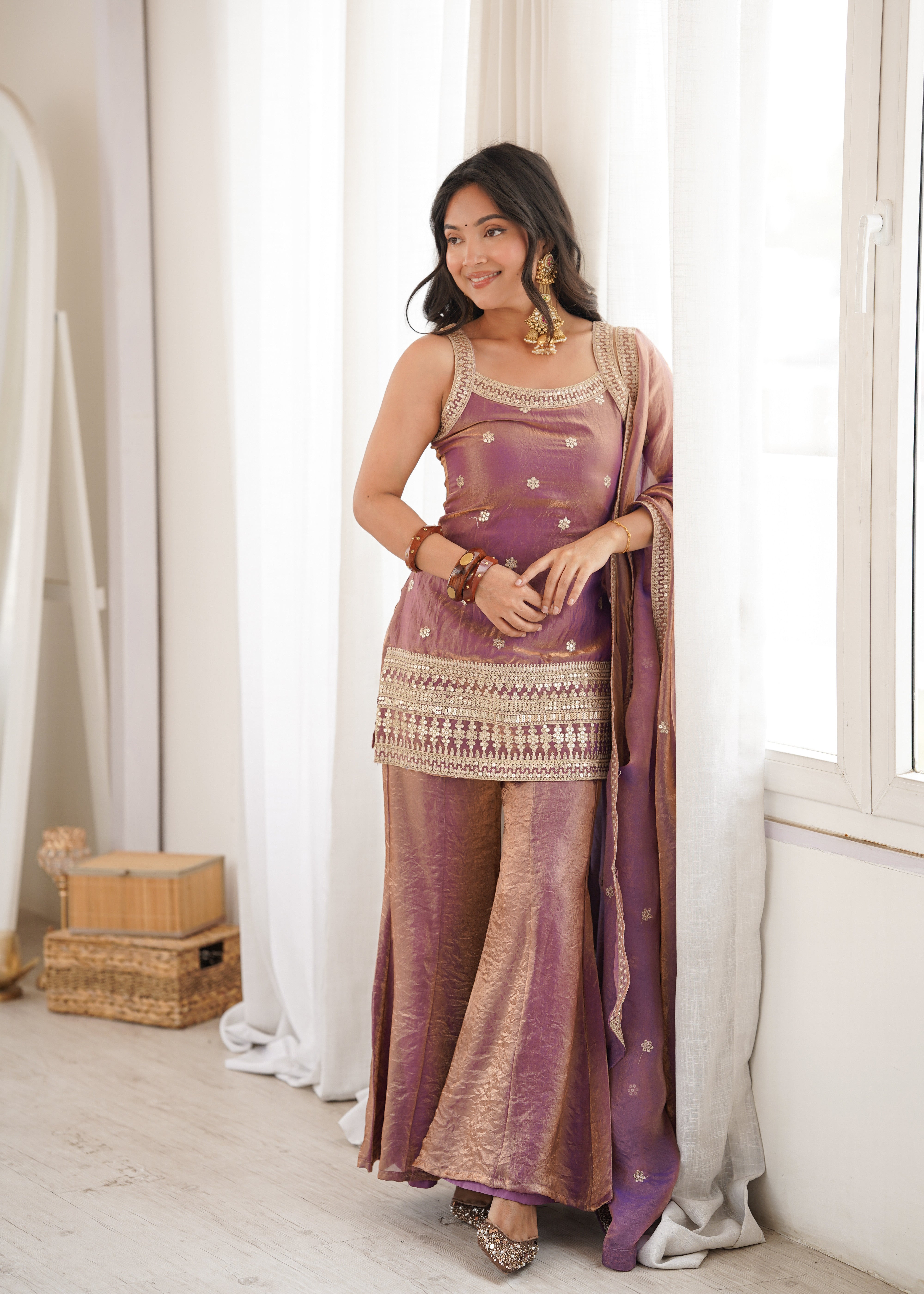 Women’s Dusty Pink Frendy Silk Embroidered Kurta Set with Dupatta & Bell Bottom Pant | Nardev Fashion