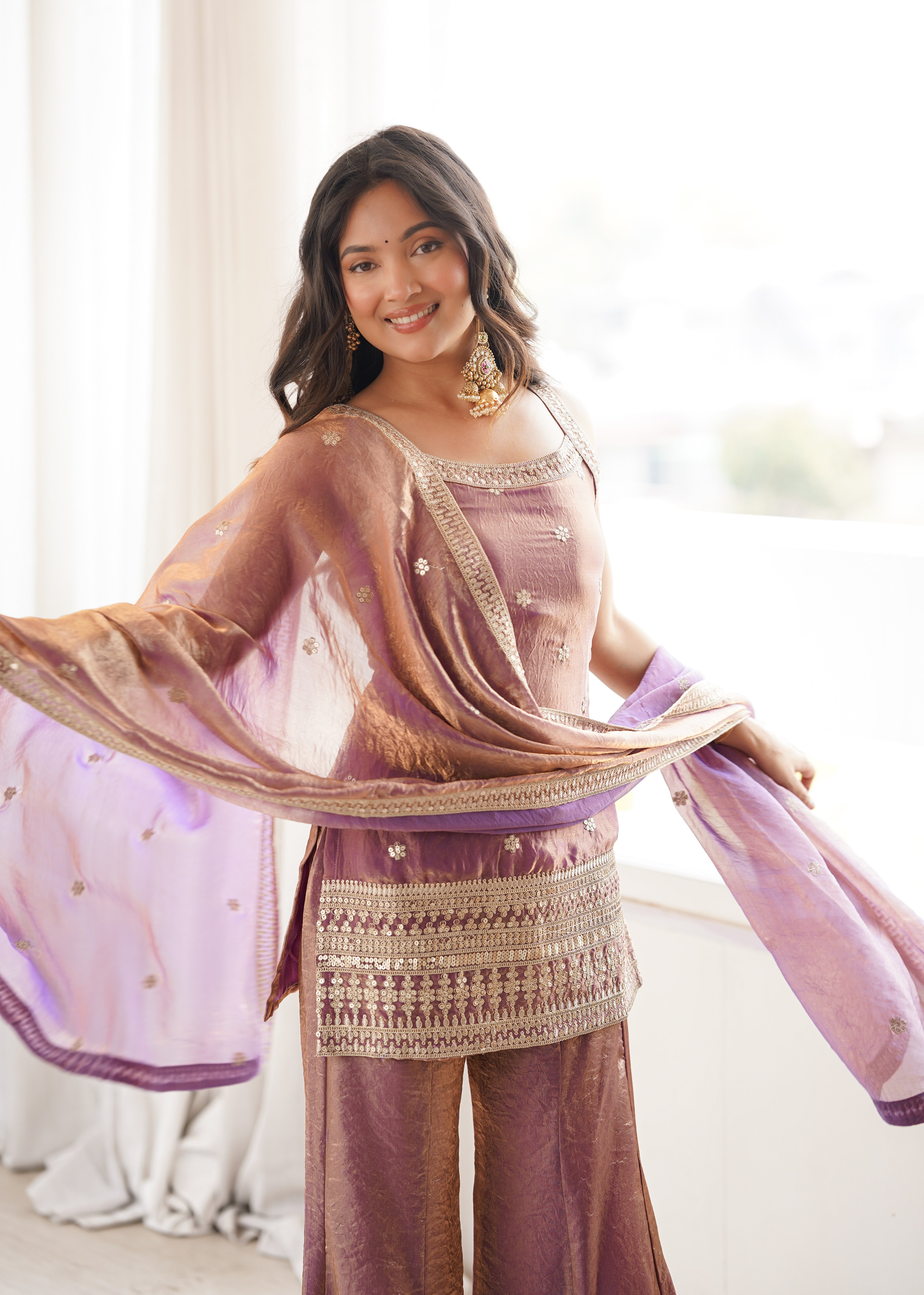 Women’s Dusty Pink Frendy Silk Embroidered Kurta Set with Dupatta & Bell Bottom Pant | Nardev Fashion