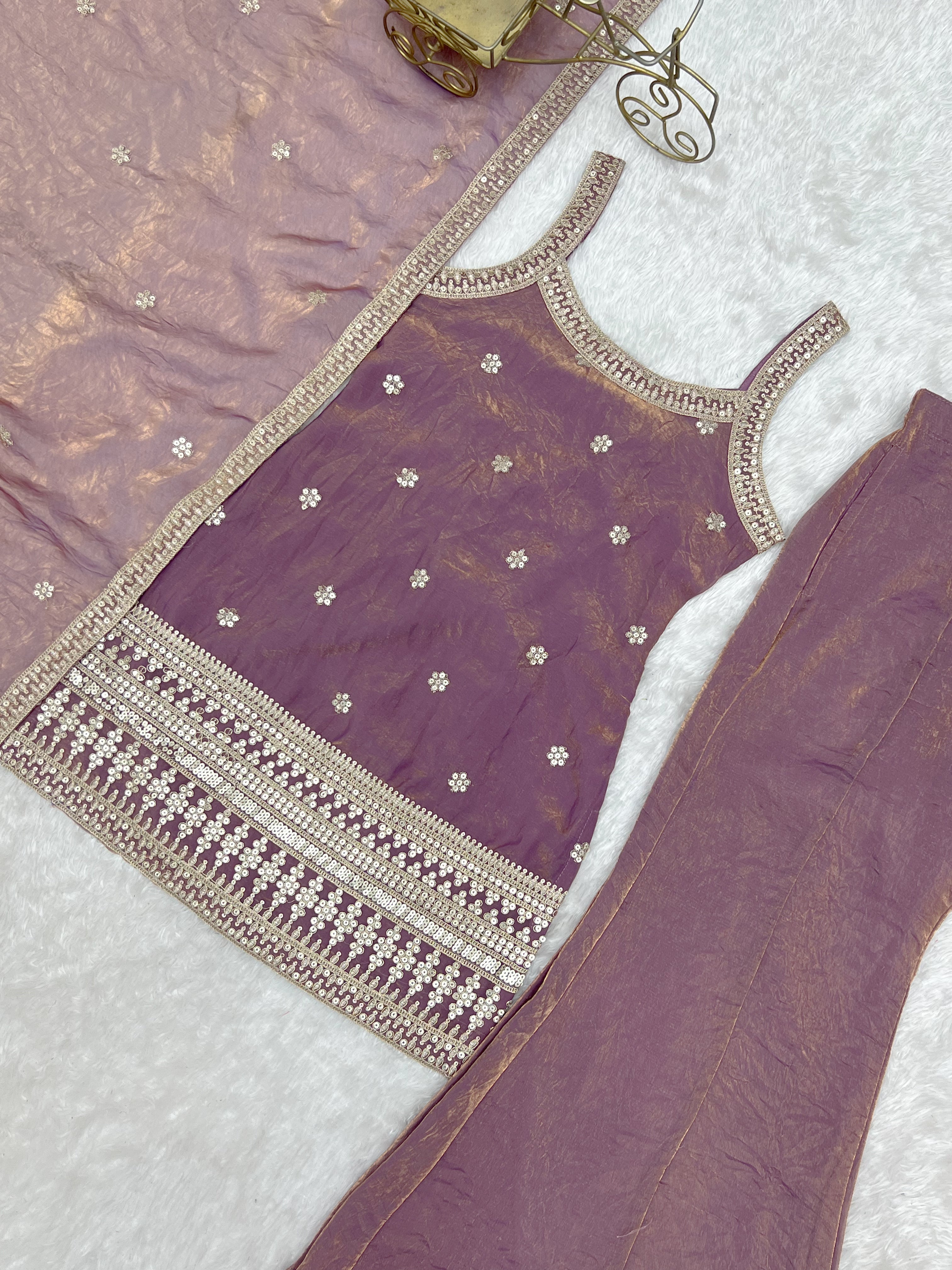Women’s Dusty Pink Frendy Silk Embroidered Kurta Set with Dupatta & Bell Bottom Pant | Nardev Fashion