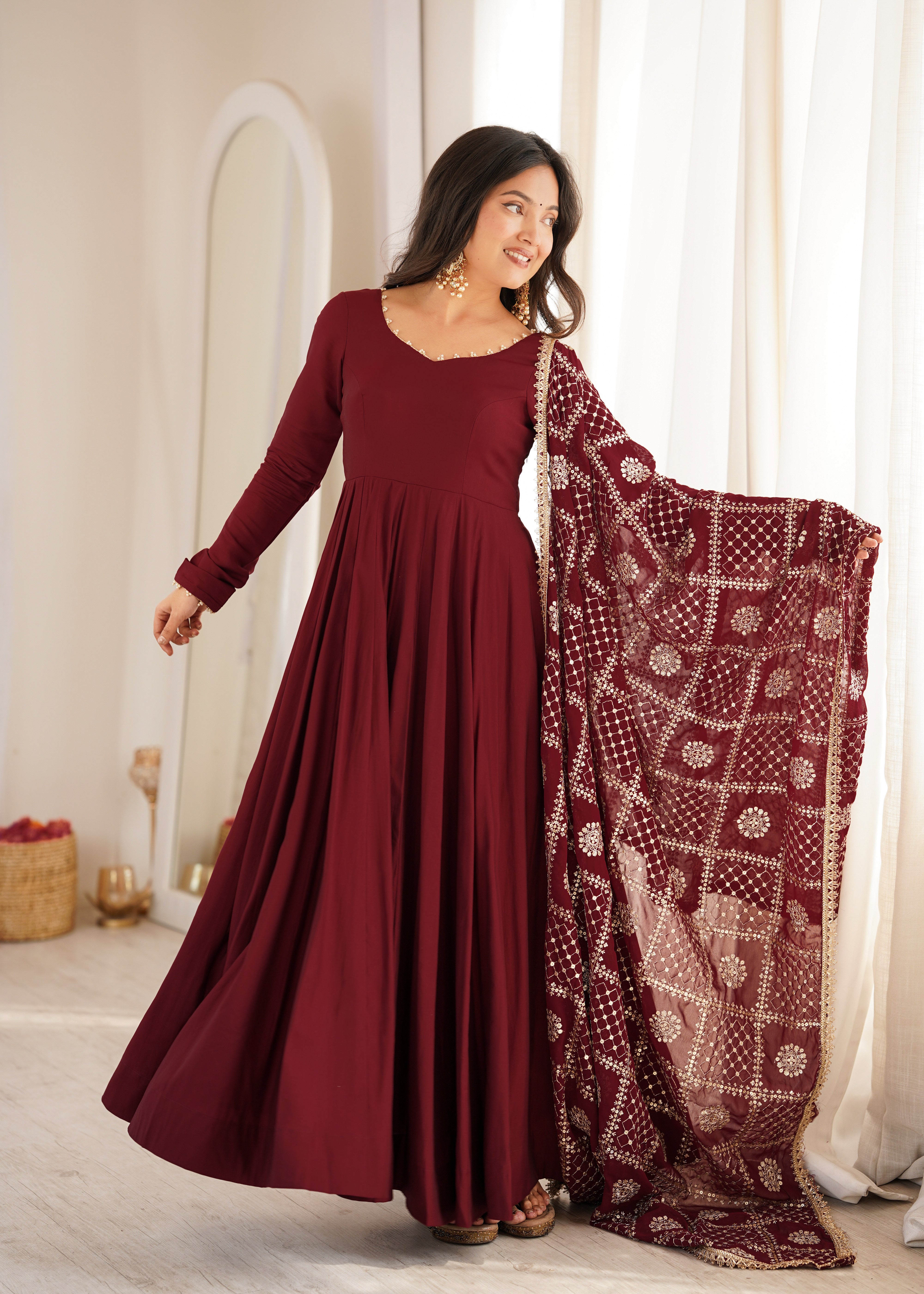 Wine Maroon Roman Silk Chanderi 16 Kali Anarkali Gown with Embroidered Dupatta & Pant
