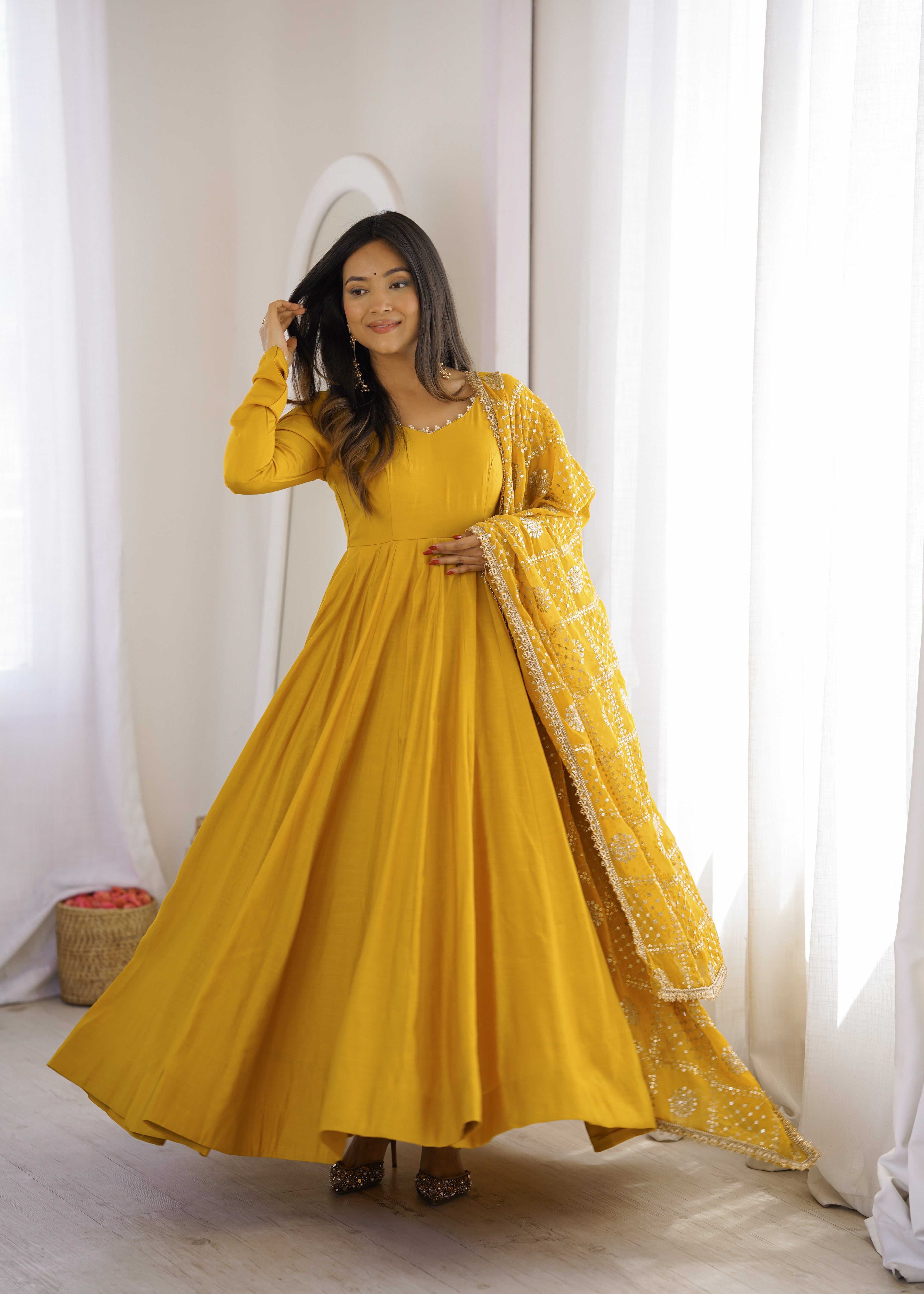 Mustard Yellow Roman Silk Chanderi 16 Kali Anarkali Suit Set with Embroidered Dupatta