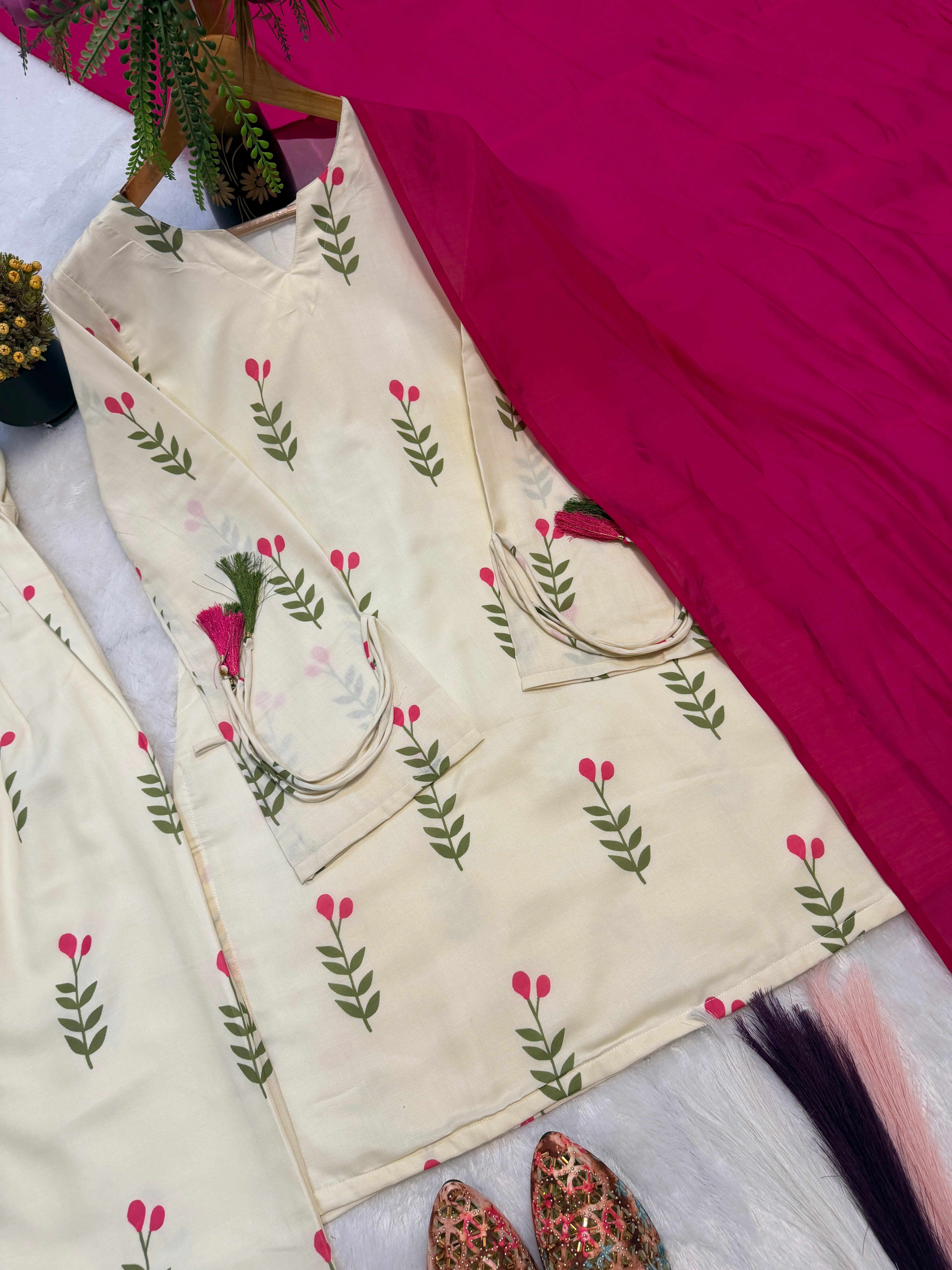 Ivory White Floral Cambric Cotton Kurta Set with Rani Pink Dupatta & Farshi Pant