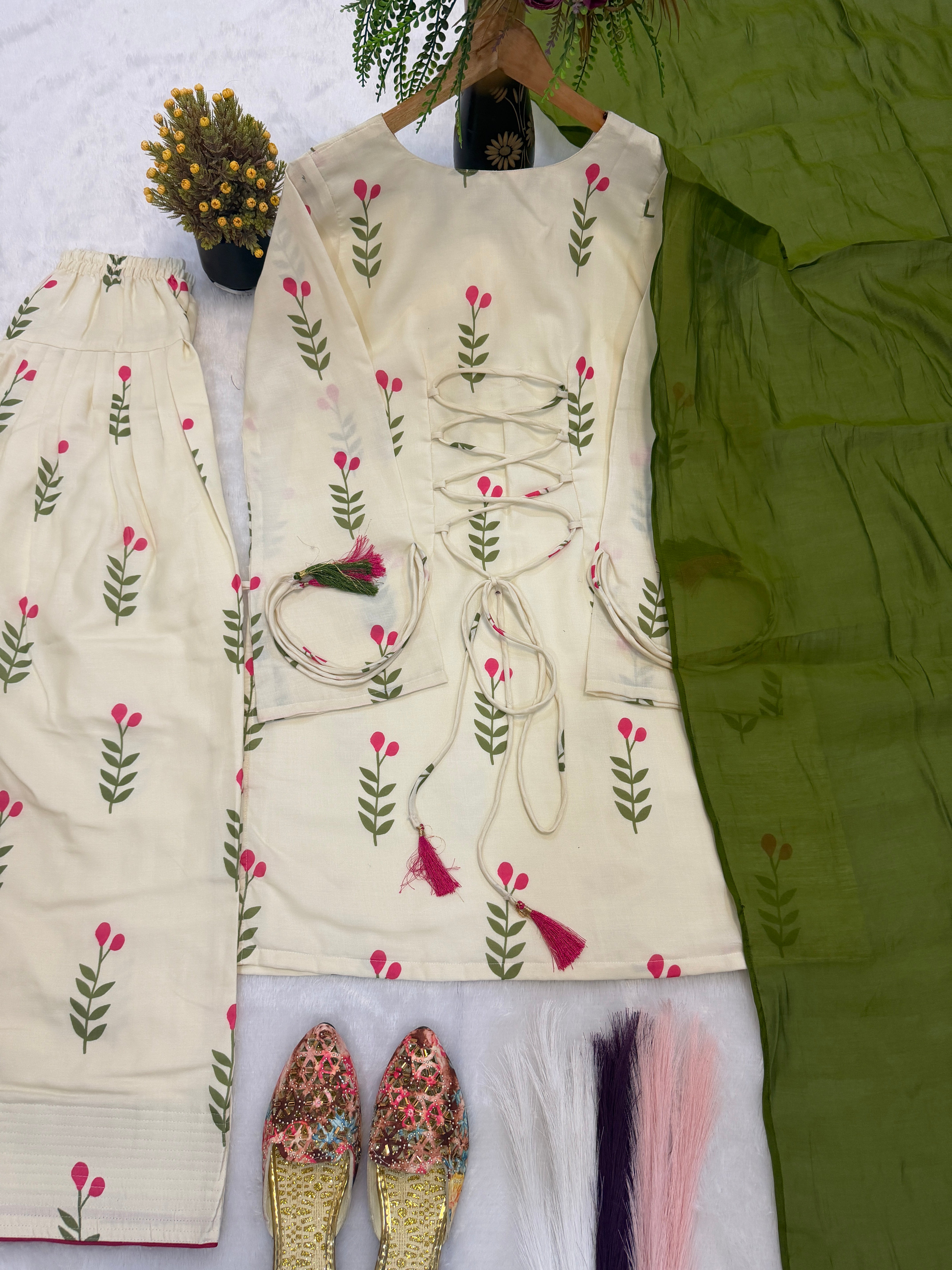 Ivory White Floral Cambric Cotton Kurta Set with Olive Green Dupatta & Farshi Pant