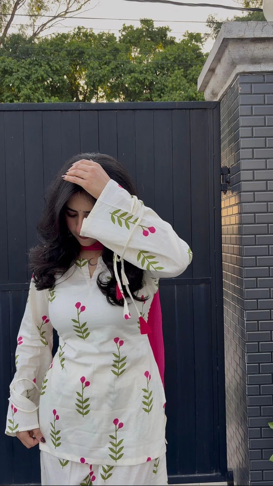Ivory White Floral Cambric Cotton Kurta Set with Rani Pink Dupatta & Farshi Pant