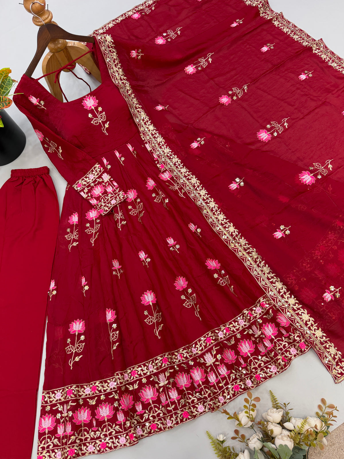 Wine Maroon Fendy Silk Gown Pant Set with Embroidered Dupatta