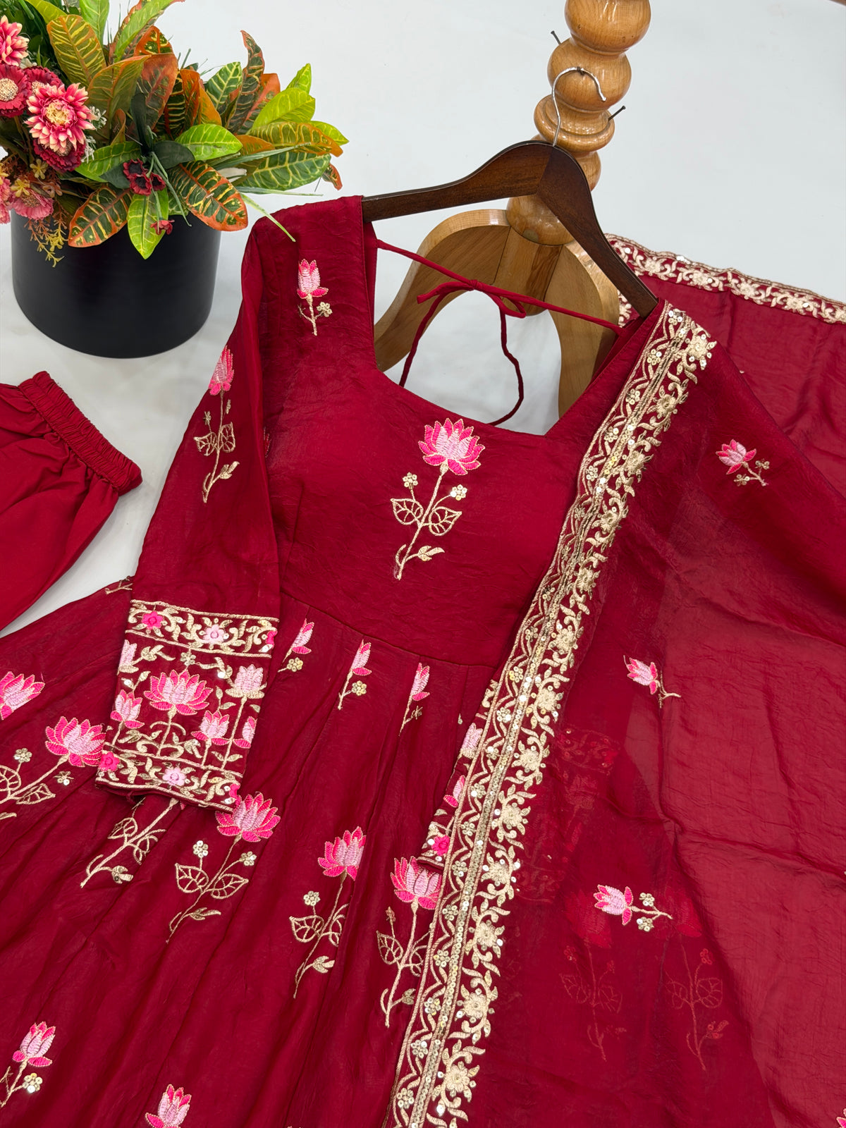 Wine Maroon Fendy Silk Gown Pant Set with Embroidered Dupatta