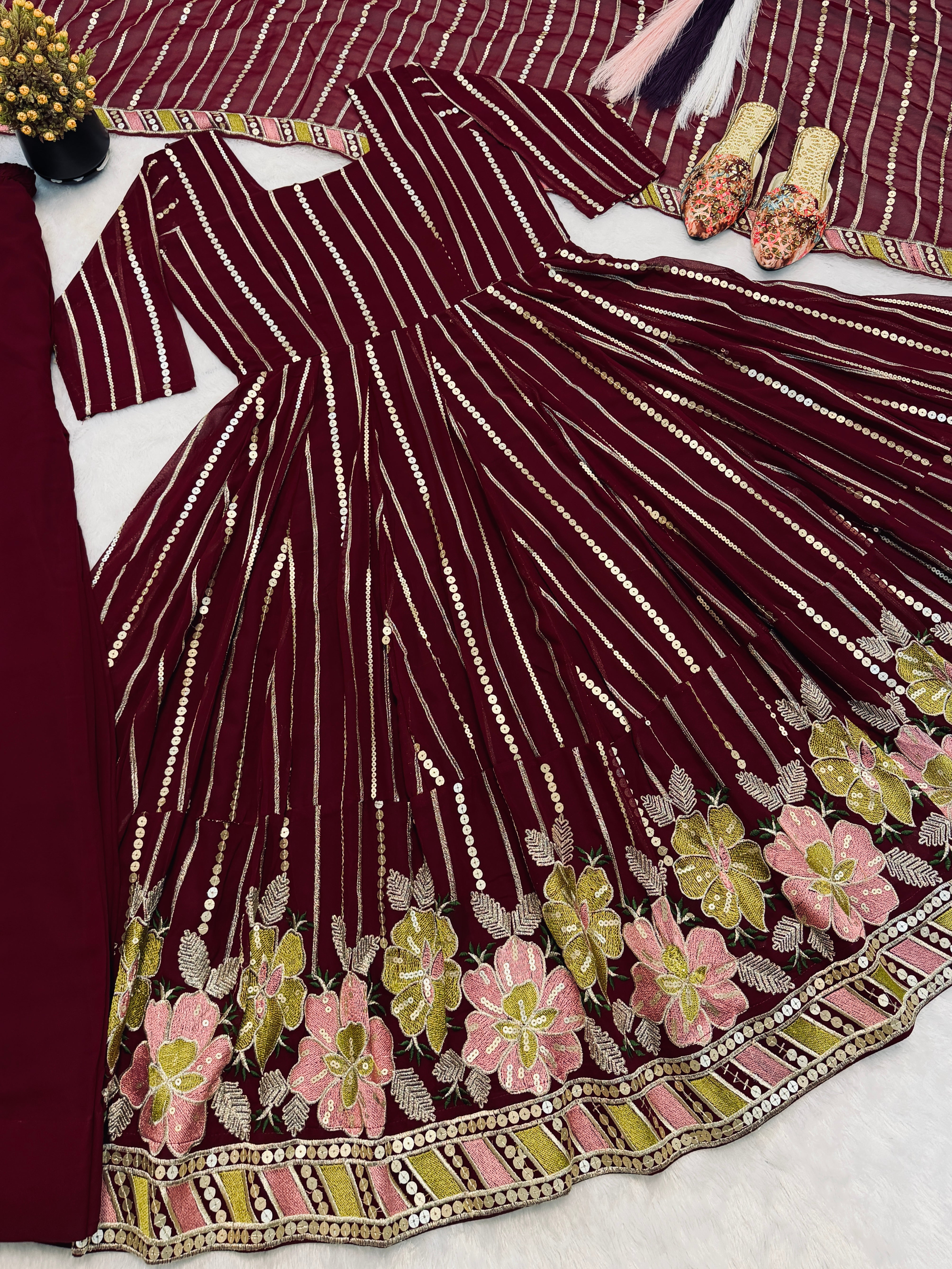 Wine Floral Embroidered Faux Georgette Designer Anarkali Suit Set with Sharara Palazzo & Dupatta