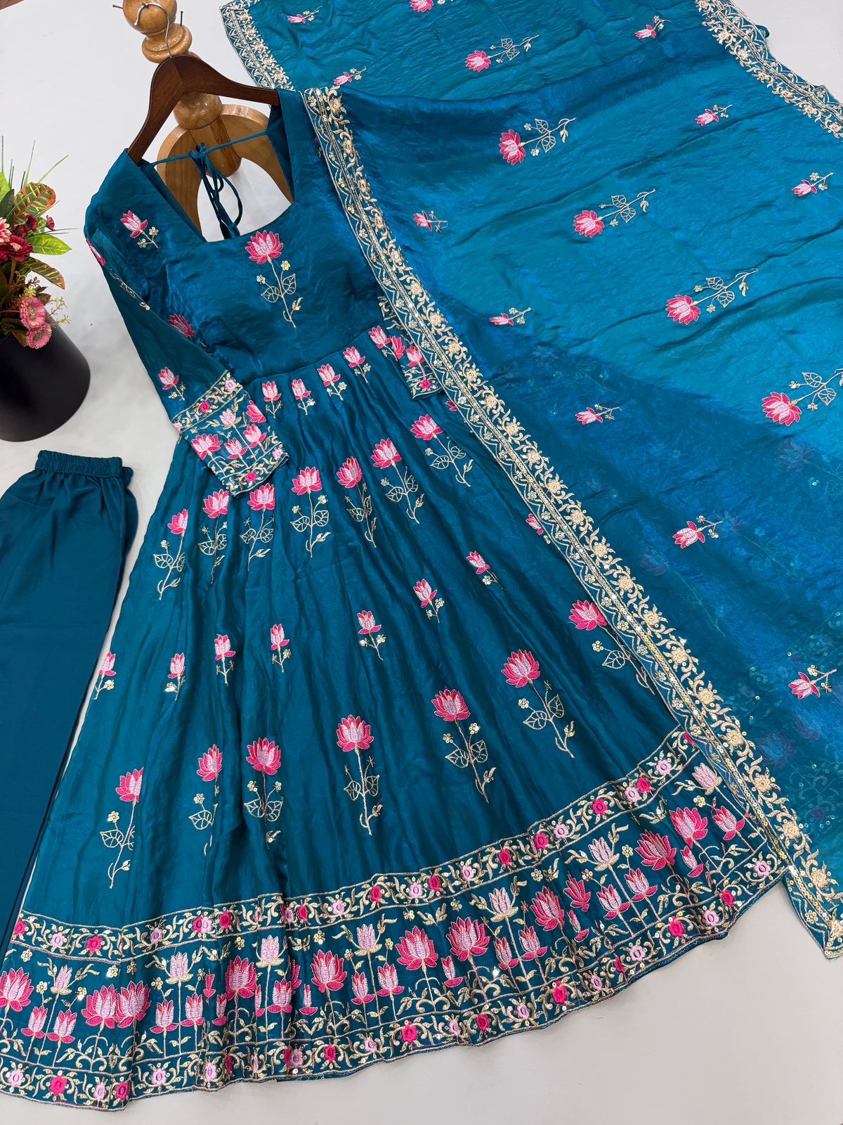 Teal Blue Fendy Silk Embroidered Gown Pant Set with Dupatta