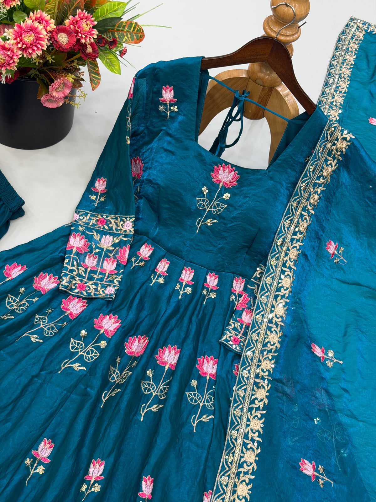 Teal Blue Fendy Silk Embroidered Gown Pant Set with Dupatta