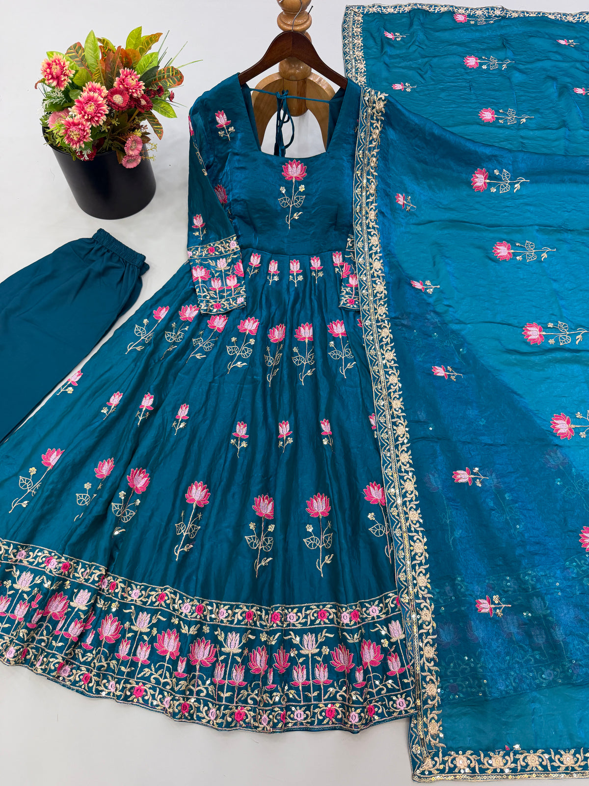 Teal Blue Fendy Silk Embroidered Gown Pant Set with Dupatta
