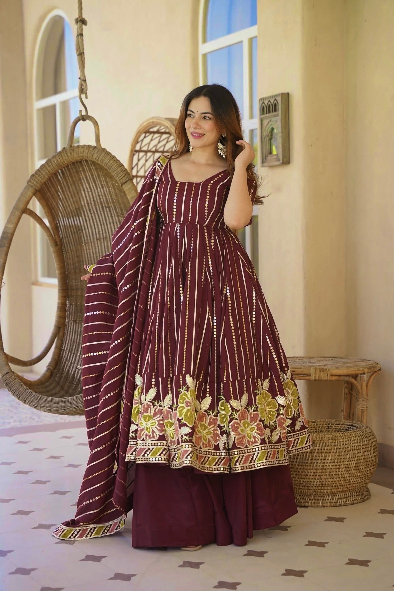 Wine Floral Embroidered Faux Georgette Designer Anarkali Suit Set with Sharara Palazzo & Dupatta