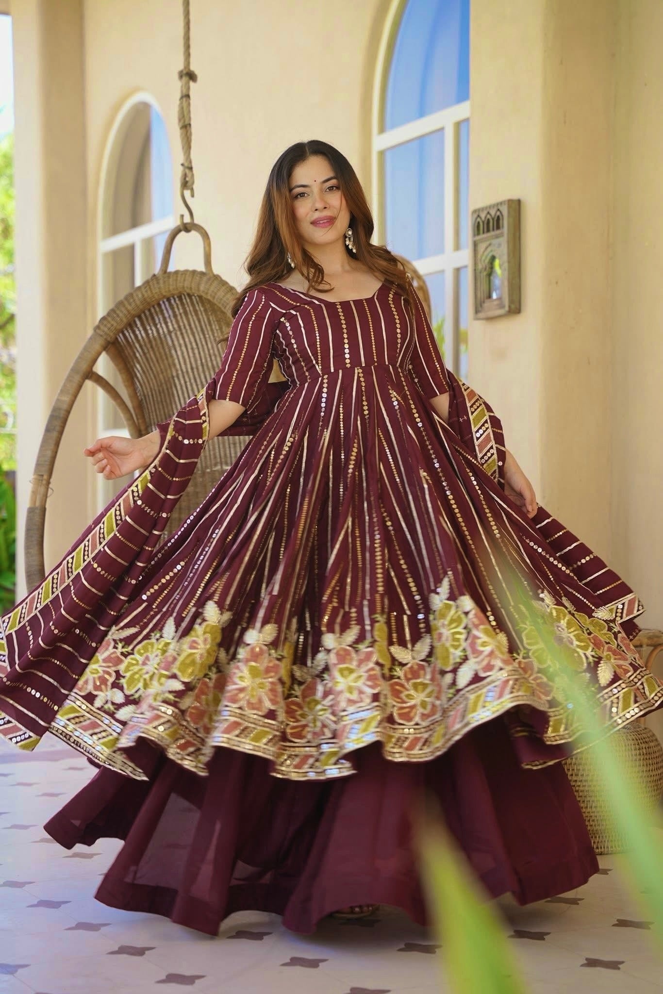 Wine Floral Embroidered Faux Georgette Designer Anarkali Suit Set with Sharara Palazzo & Dupatta
