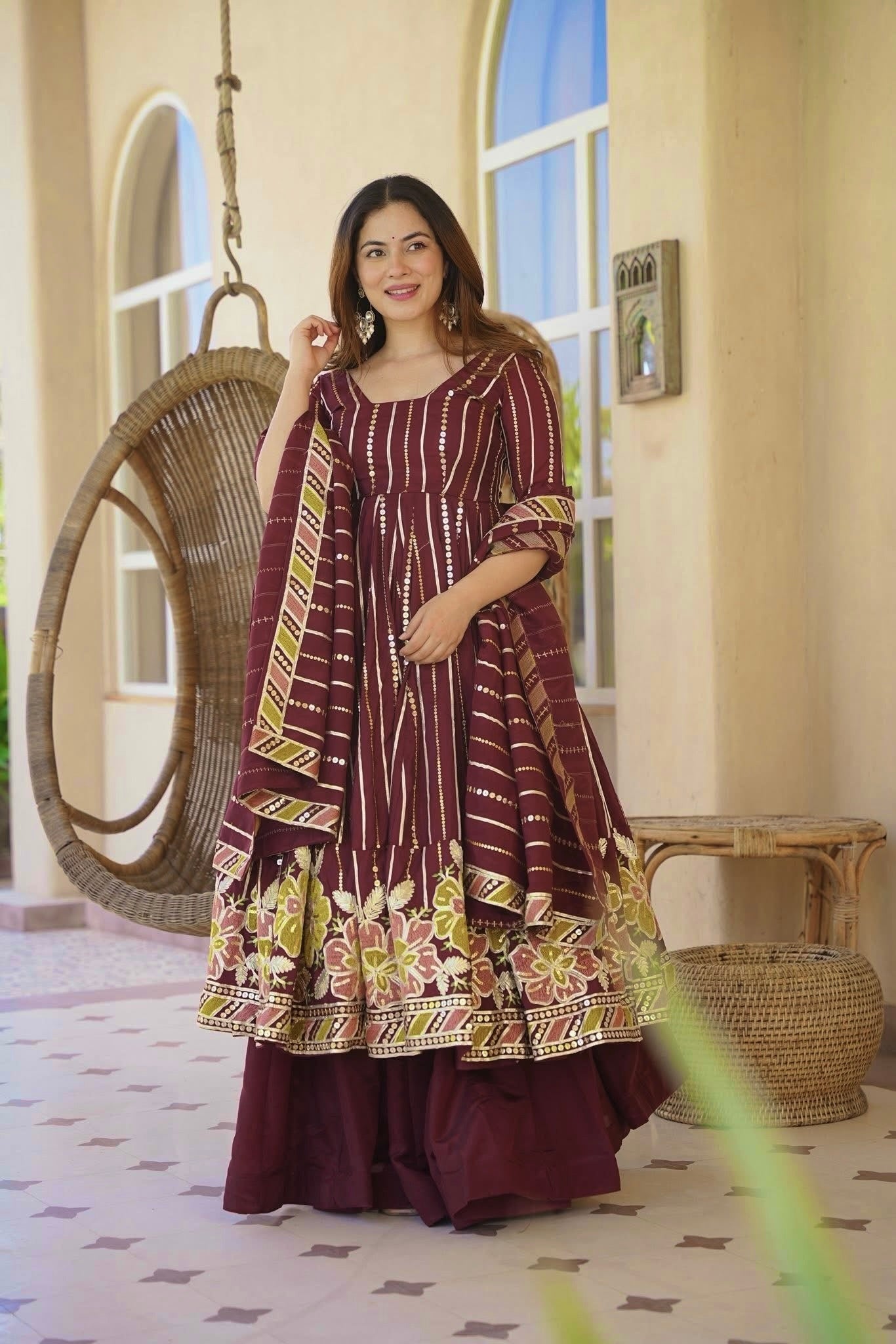 Wine Floral Embroidered Faux Georgette Designer Anarkali Suit Set with Sharara Palazzo & Dupatta