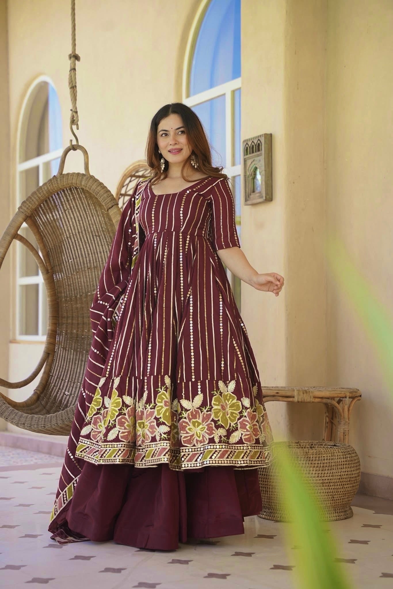 Wine Floral Embroidered Faux Georgette Designer Anarkali Suit Set with Sharara Palazzo & Dupatta