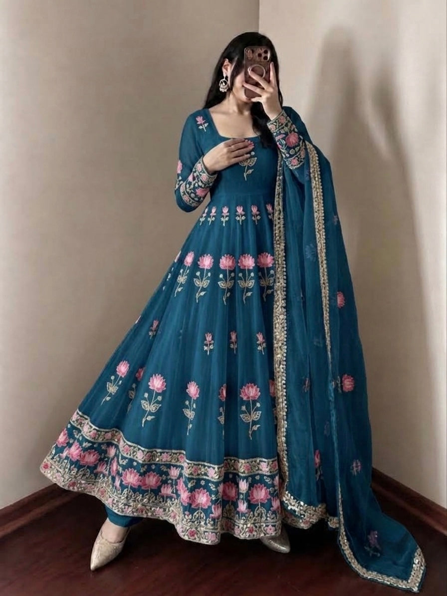 Teal Blue Fendy Silk Embroidered Gown Pant Set with Dupatta