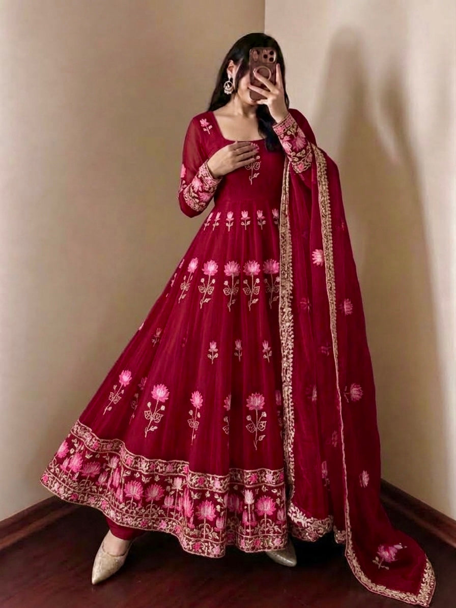 Wine Maroon Fendy Silk Gown Pant Set with Embroidered Dupatta