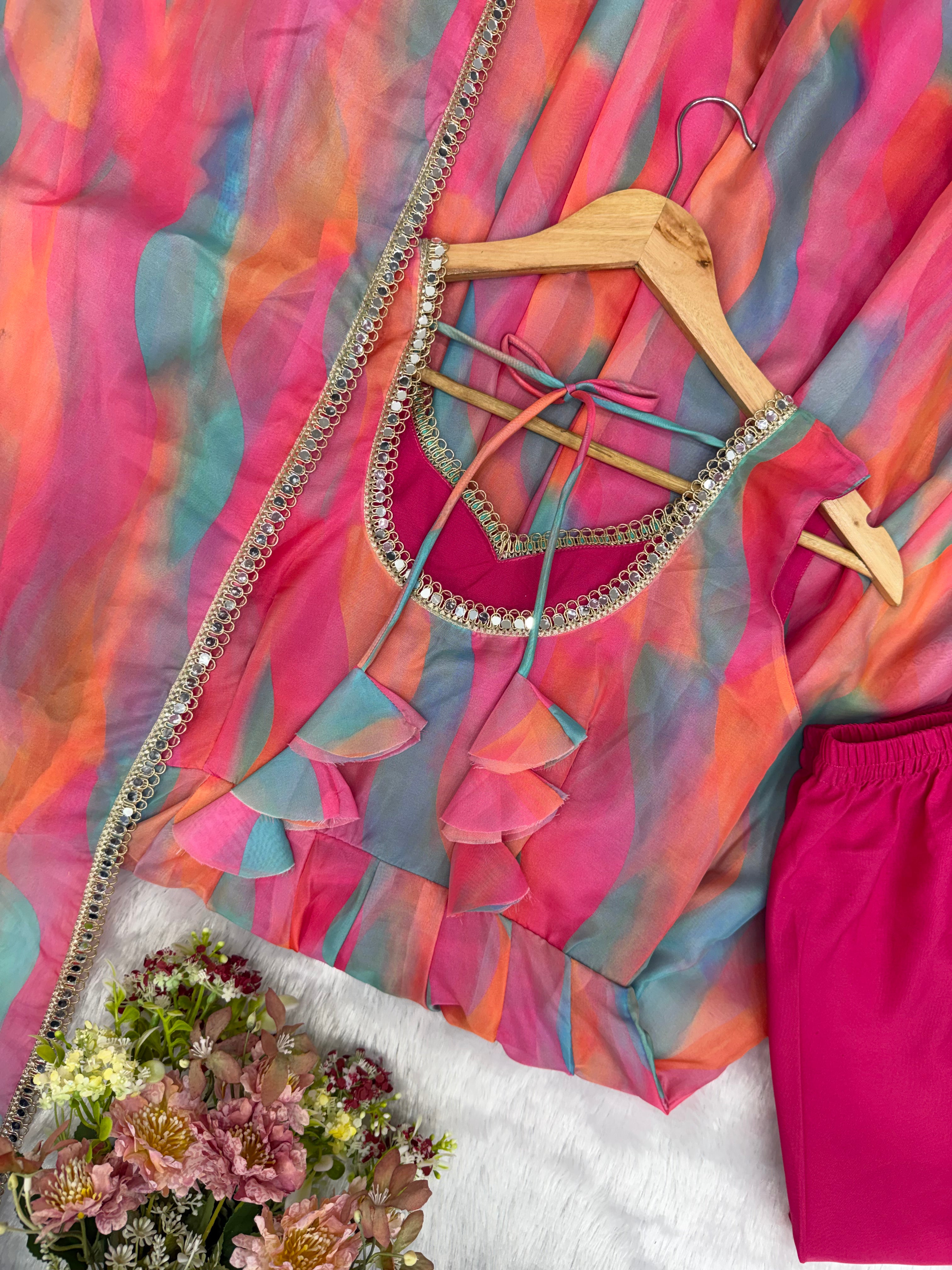 Candy Pink Abstract Printed Tebi Organza Anarkali Gown Set with Mirror Lace Dupatta