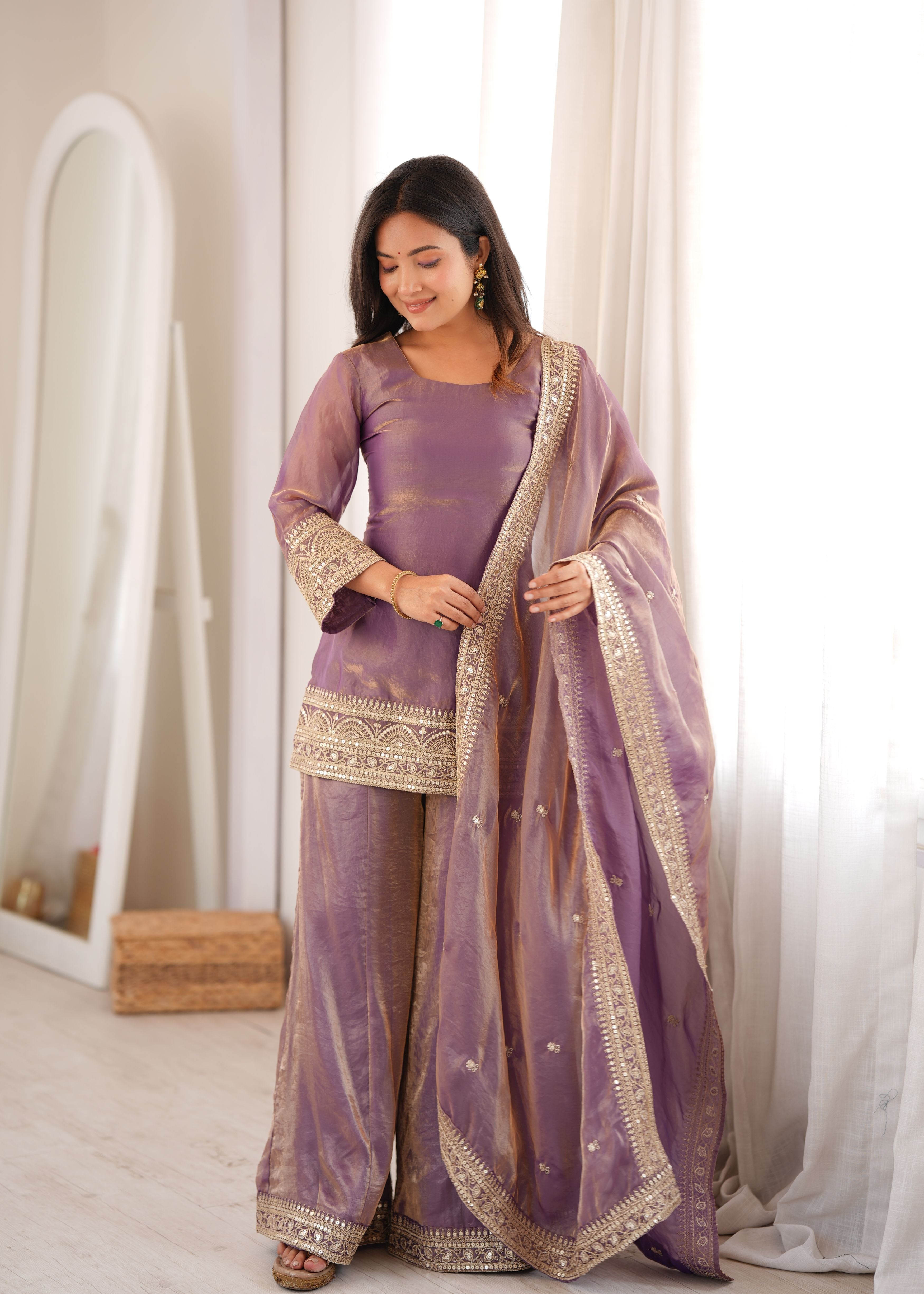 Dusty Lavender Frendy Silk Kurta Palazzo Set with Embroidered Dupatta