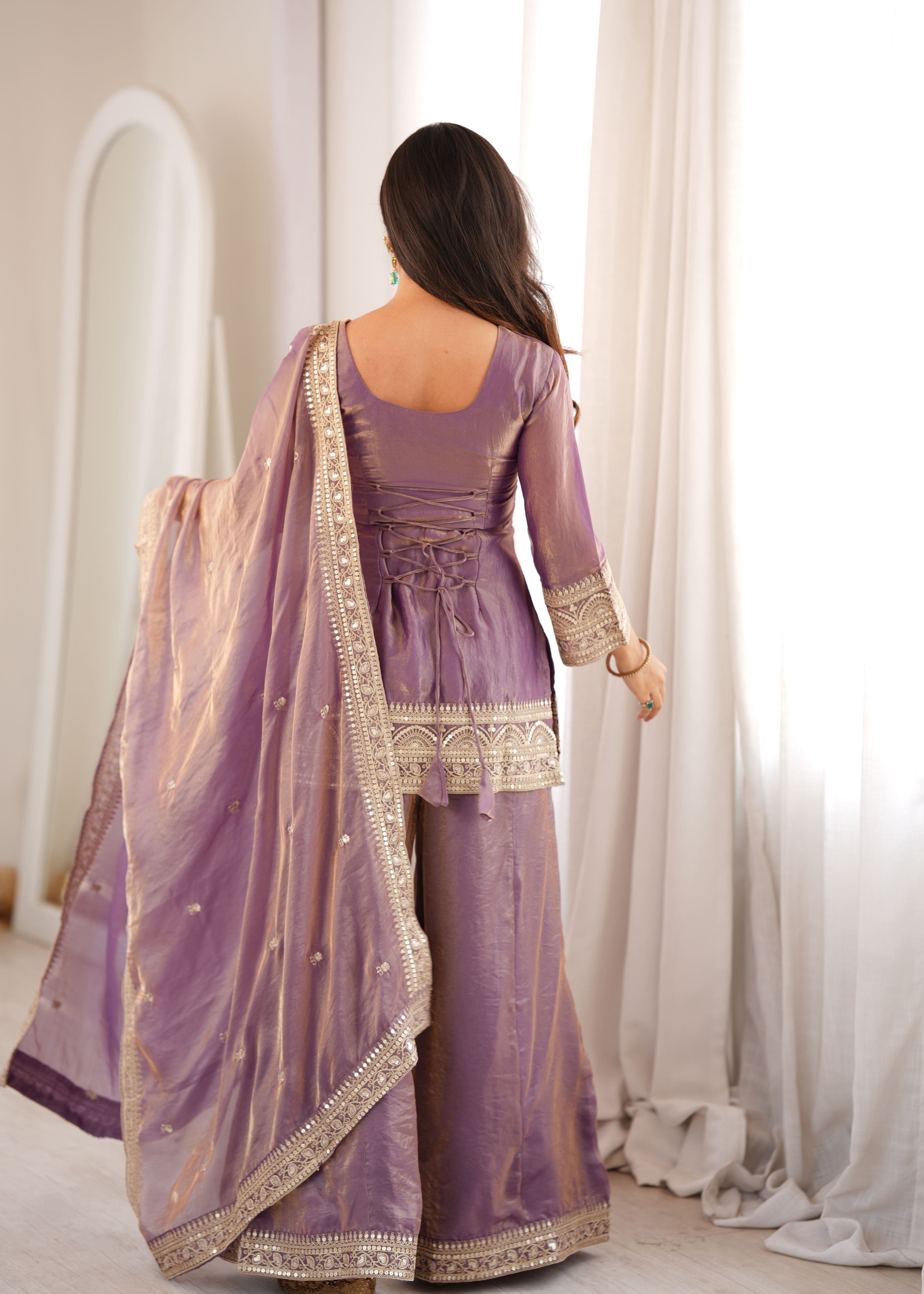 Dusty Lavender Frendy Silk Kurta Palazzo Set with Embroidered Dupatta