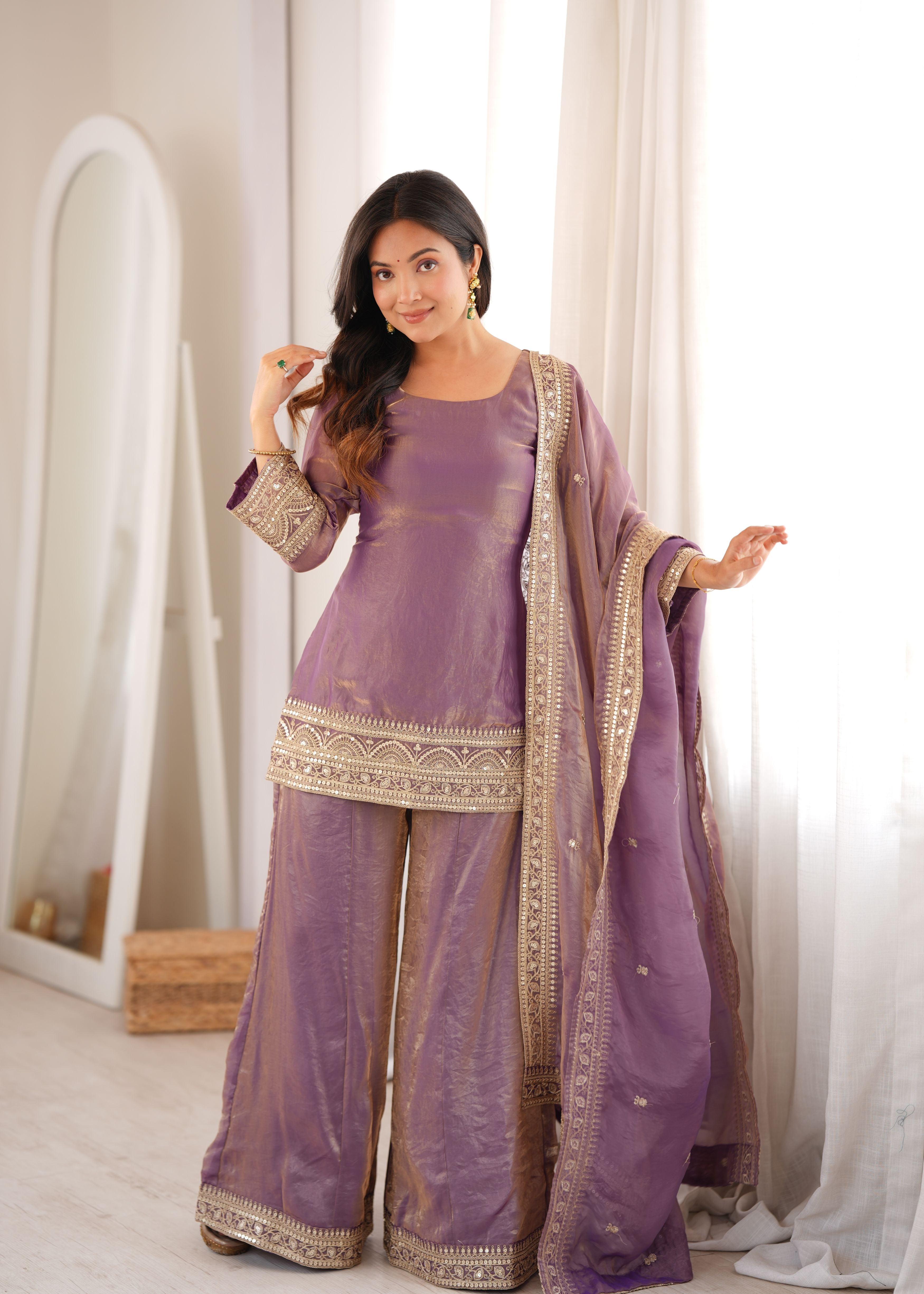 Dusty Lavender Frendy Silk Kurta Palazzo Set with Embroidered Dupatta