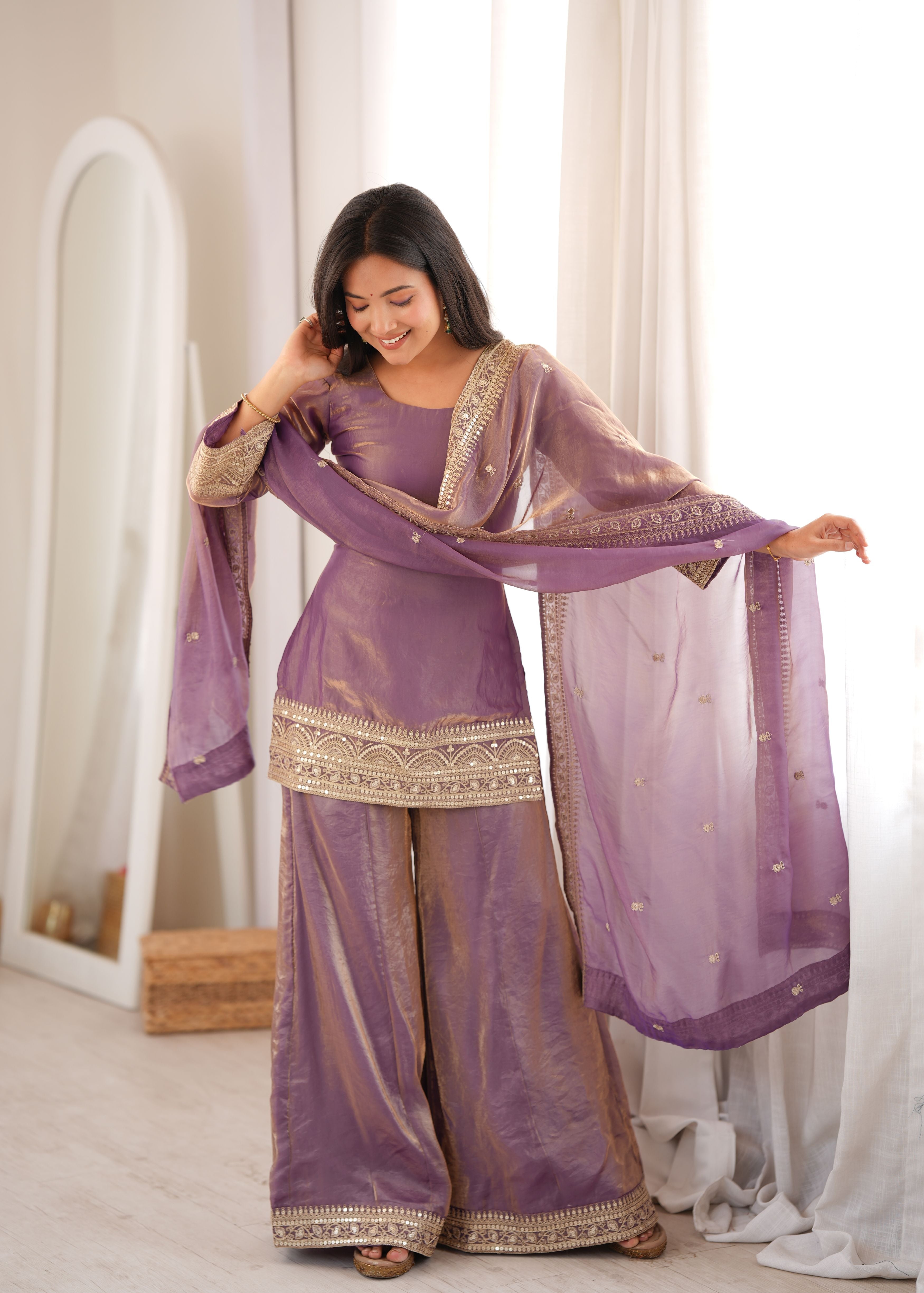 Dusty Lavender Frendy Silk Kurta Palazzo Set with Embroidered Dupatta