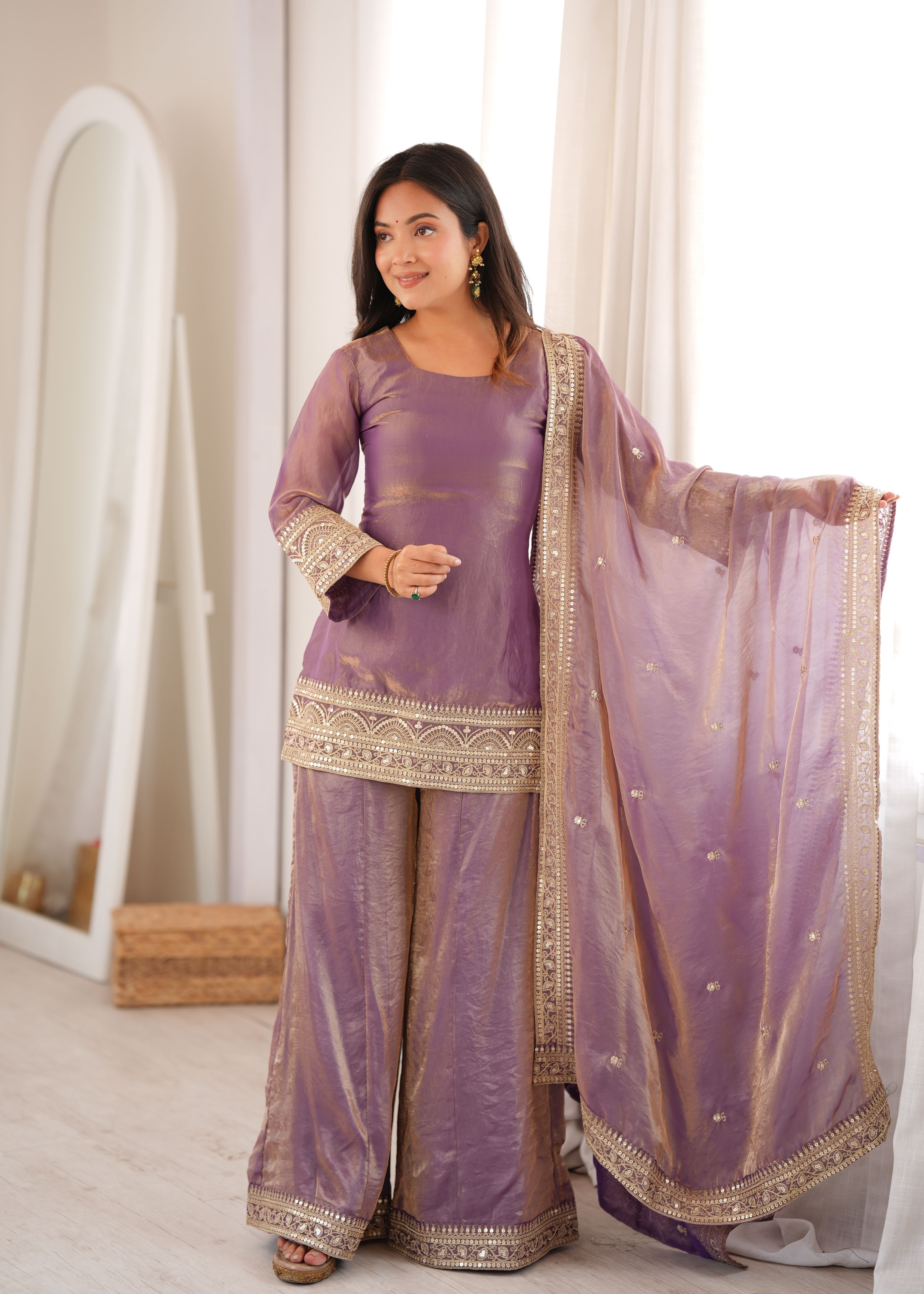 Dusty Lavender Frendy Silk Kurta Palazzo Set with Embroidered Dupatta