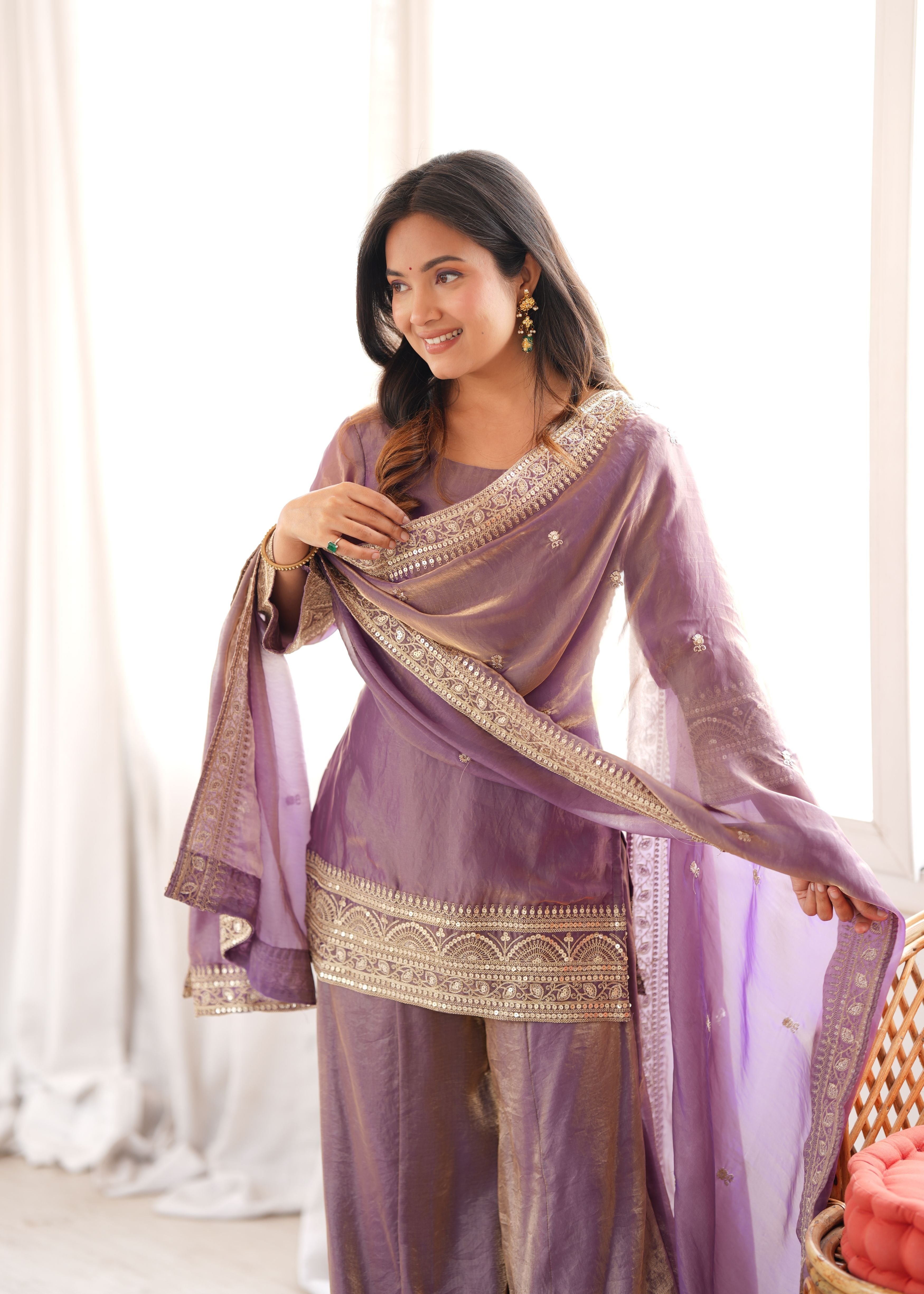 Dusty Lavender Frendy Silk Kurta Palazzo Set with Embroidered Dupatta