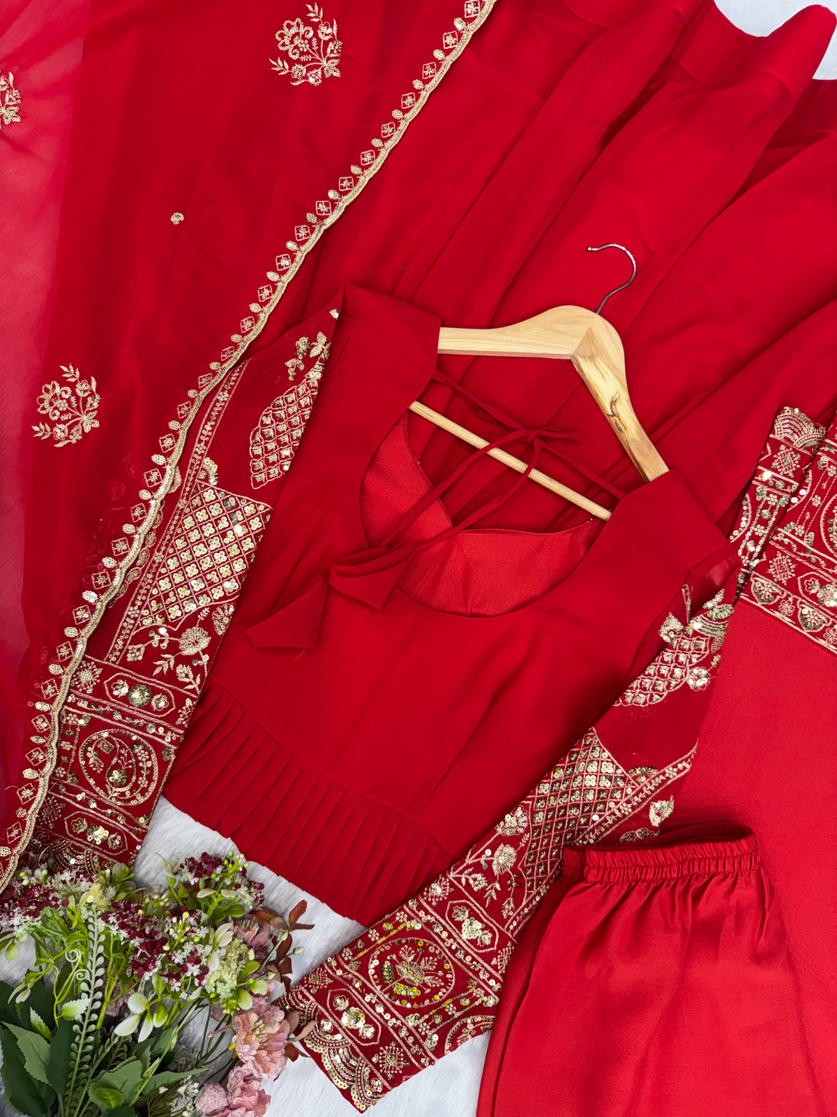 Red Blooming Georgette Anarkali Suit Set with Sequence Embroidery & Dupatta