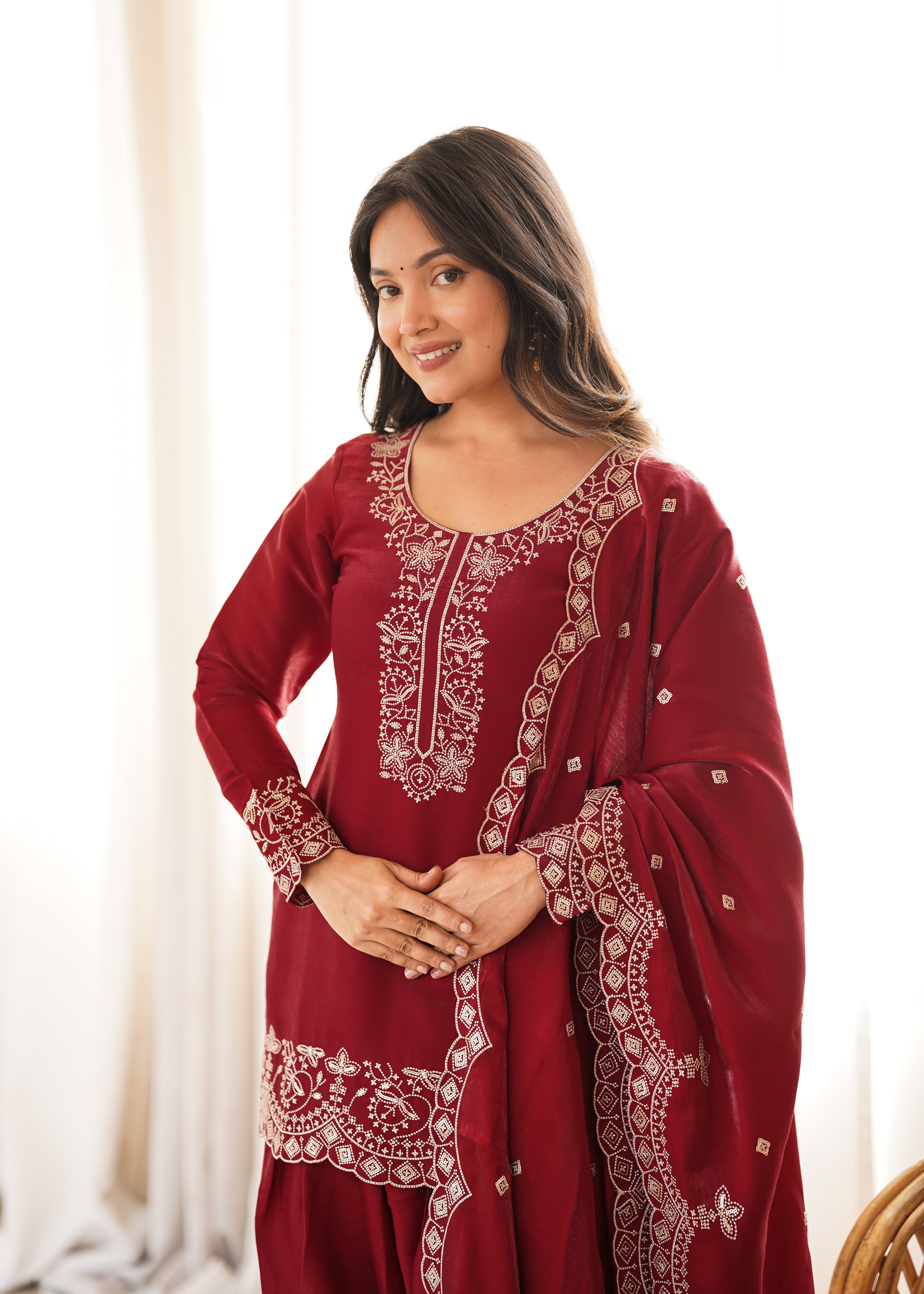 Wine Red Glass Roman Silk Kurta Set with Farshi Shalwar & Dupatta | Embroidered Festive Wear
