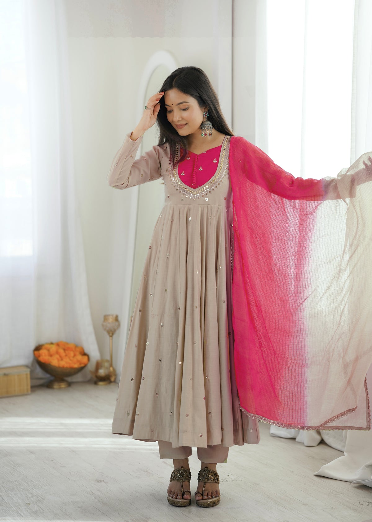 Ivory Beige & Rani Pink Roman Silk Anarkali Gown With Mirror Work & Kota Dupatta