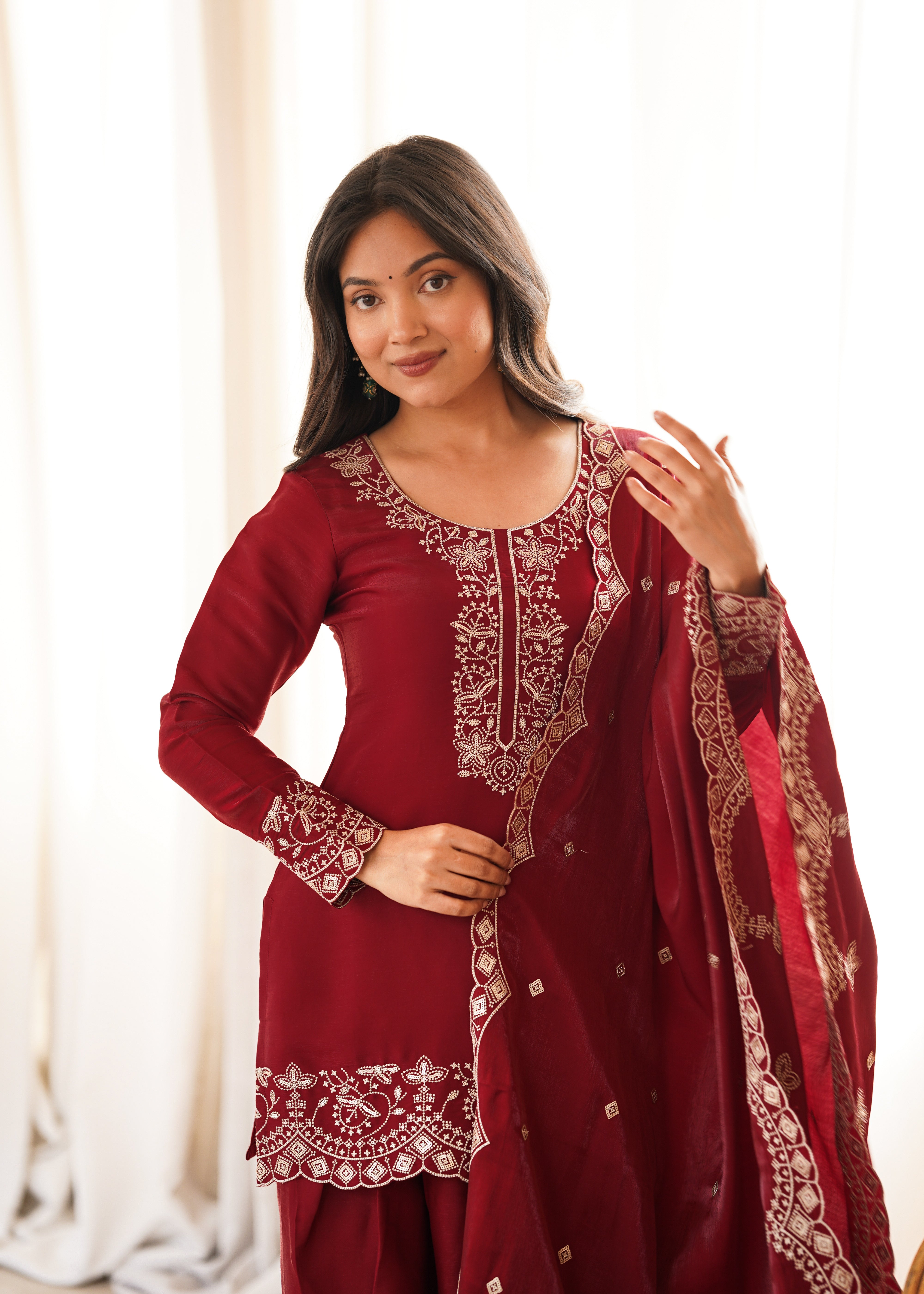 Wine Red Glass Roman Silk Kurta Set with Farshi Shalwar & Dupatta | Embroidered Festive Wear