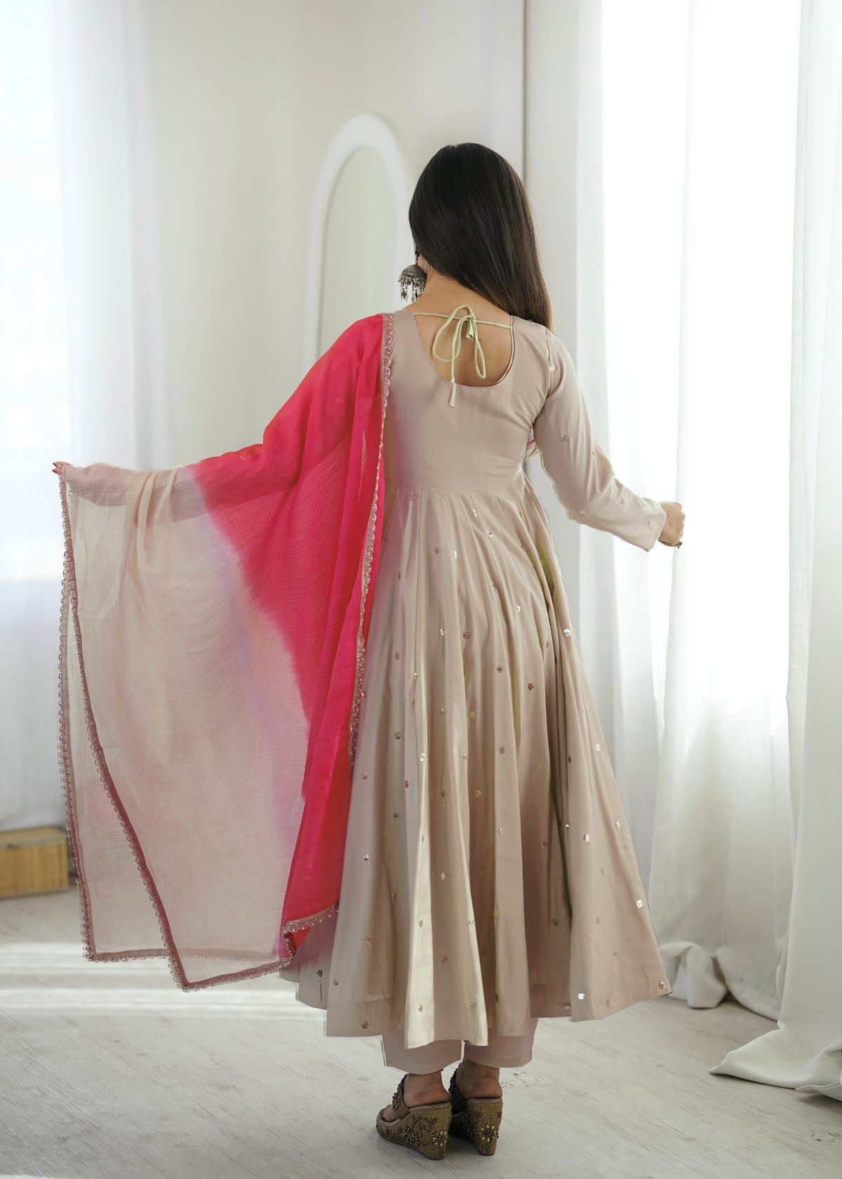 Ivory Beige & Rani Pink Roman Silk Anarkali Gown With Mirror Work & Kota Dupatta