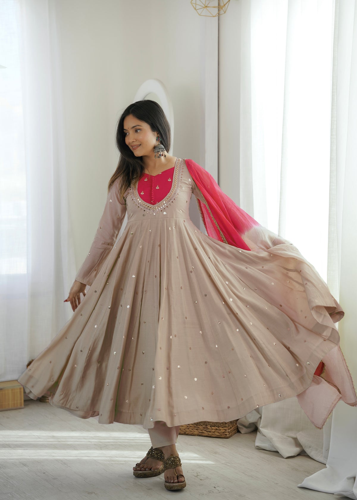 Ivory Beige & Rani Pink Roman Silk Anarkali Gown With Mirror Work & Kota Dupatta