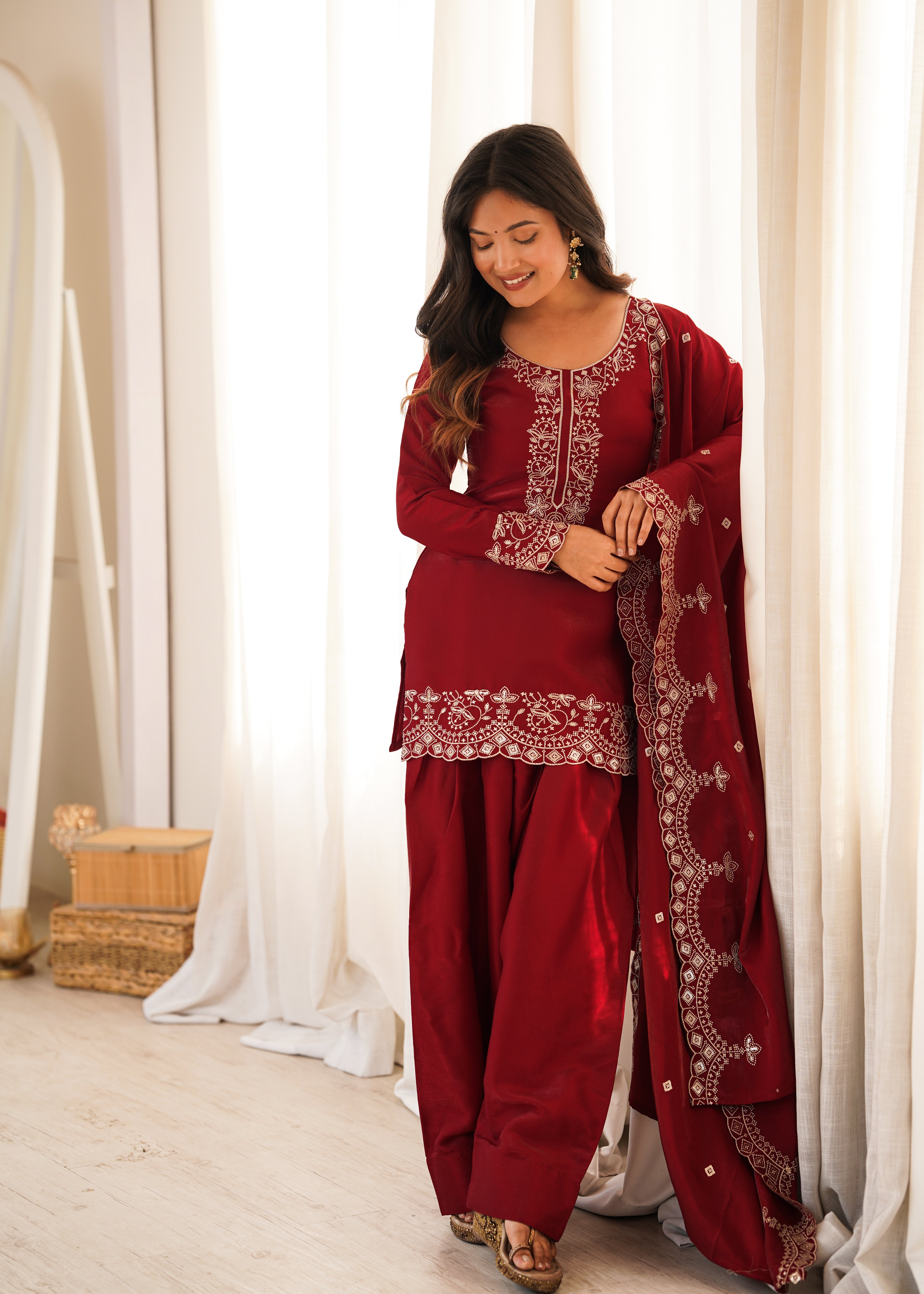 Wine Red Glass Roman Silk Kurta Set with Farshi Shalwar & Dupatta | Embroidered Festive Wear