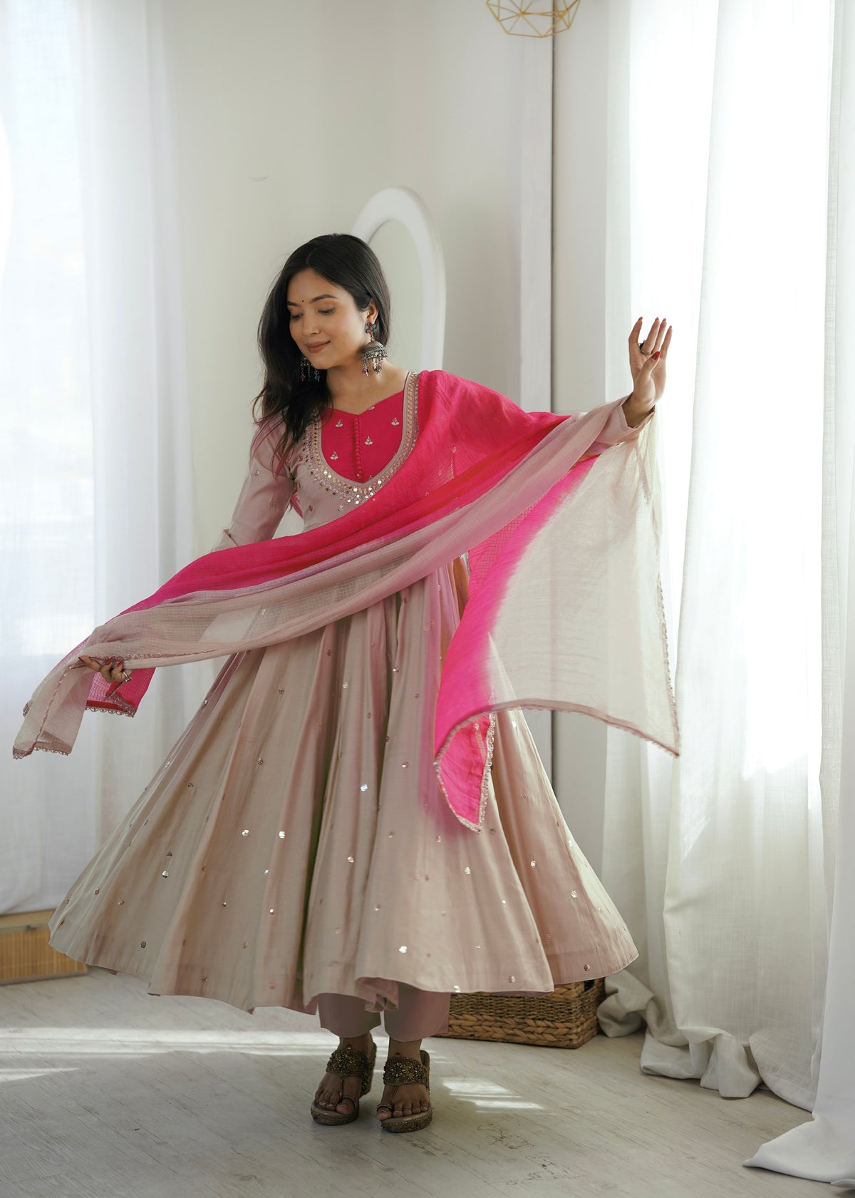 Ivory Beige & Rani Pink Roman Silk Anarkali Gown With Mirror Work & Kota Dupatta
