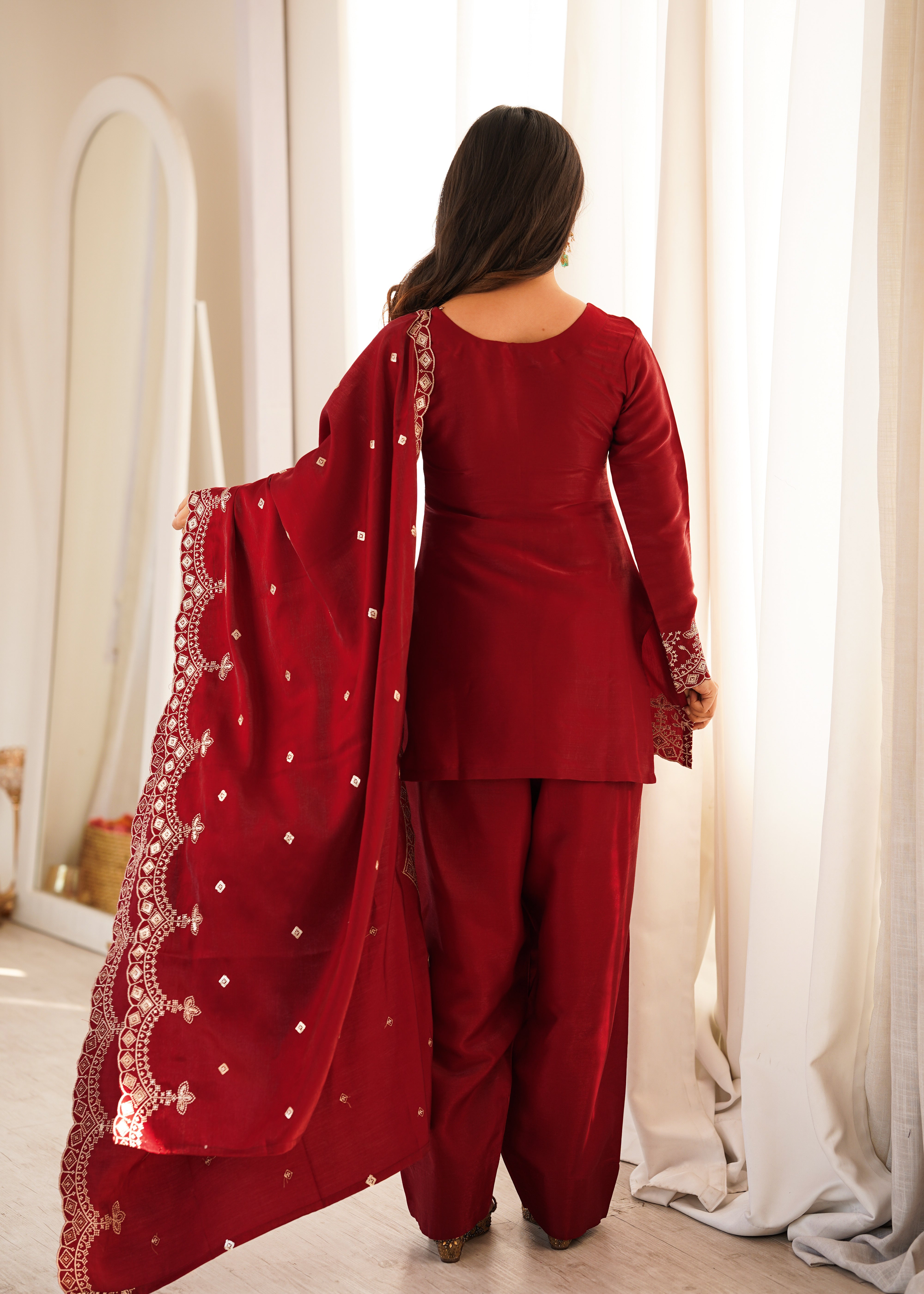 Wine Red Glass Roman Silk Kurta Set with Farshi Shalwar & Dupatta | Embroidered Festive Wear