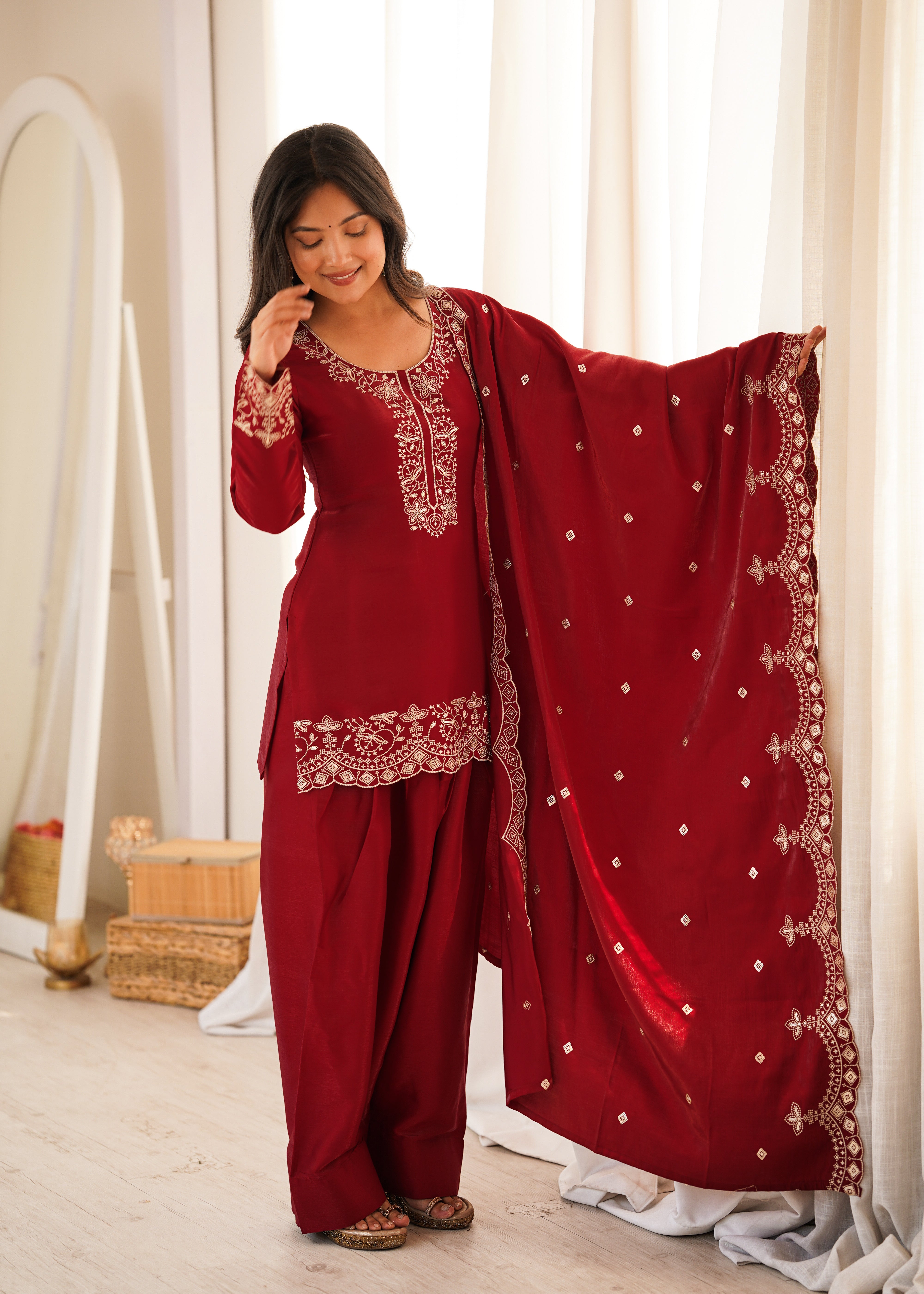 Wine Red Glass Roman Silk Kurta Set with Farshi Shalwar & Dupatta | Embroidered Festive Wear