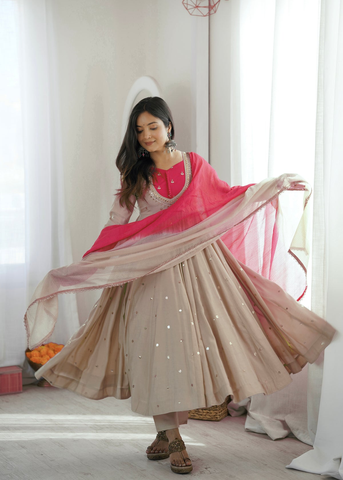 Ivory Beige & Rani Pink Roman Silk Anarkali Gown With Mirror Work & Kota Dupatta