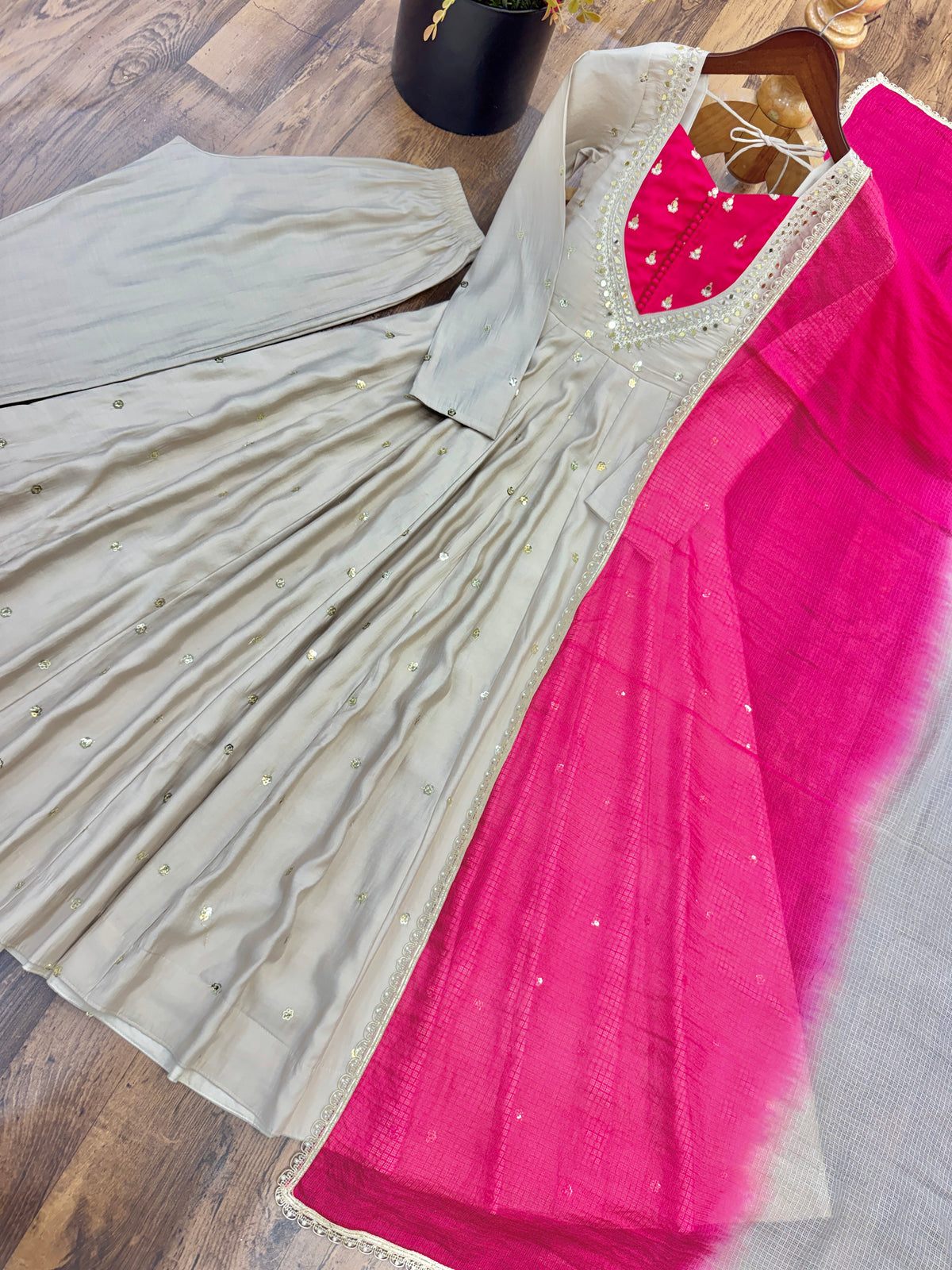 Ivory Beige & Rani Pink Roman Silk Anarkali Gown With Mirror Work & Kota Dupatta