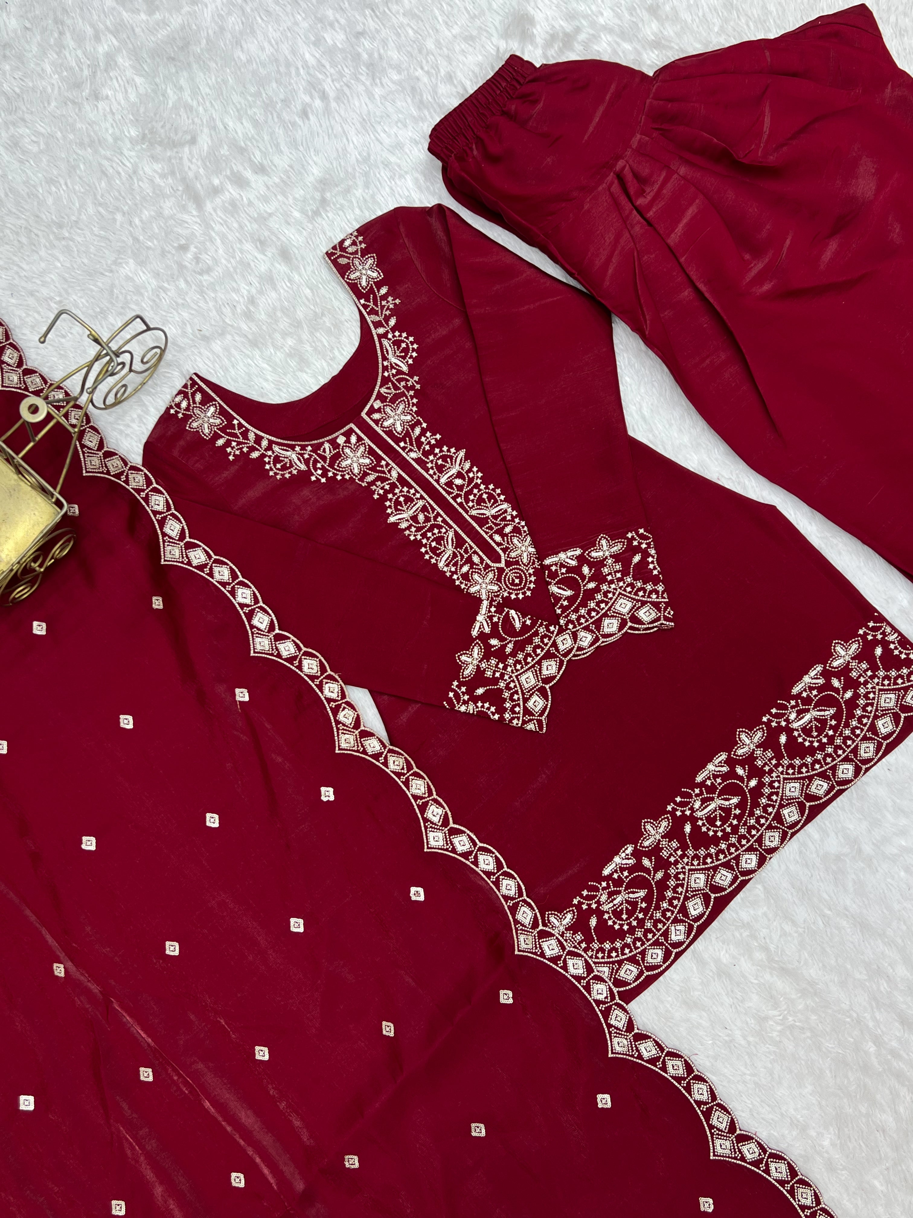 Wine Red Glass Roman Silk Kurta Set with Farshi Shalwar & Dupatta | Embroidered Festive Wear