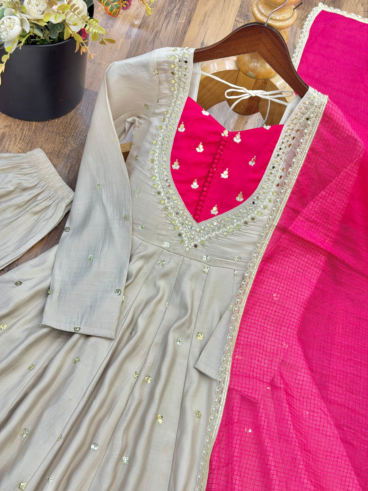 Ivory Beige & Rani Pink Roman Silk Anarkali Gown With Mirror Work & Kota Dupatta