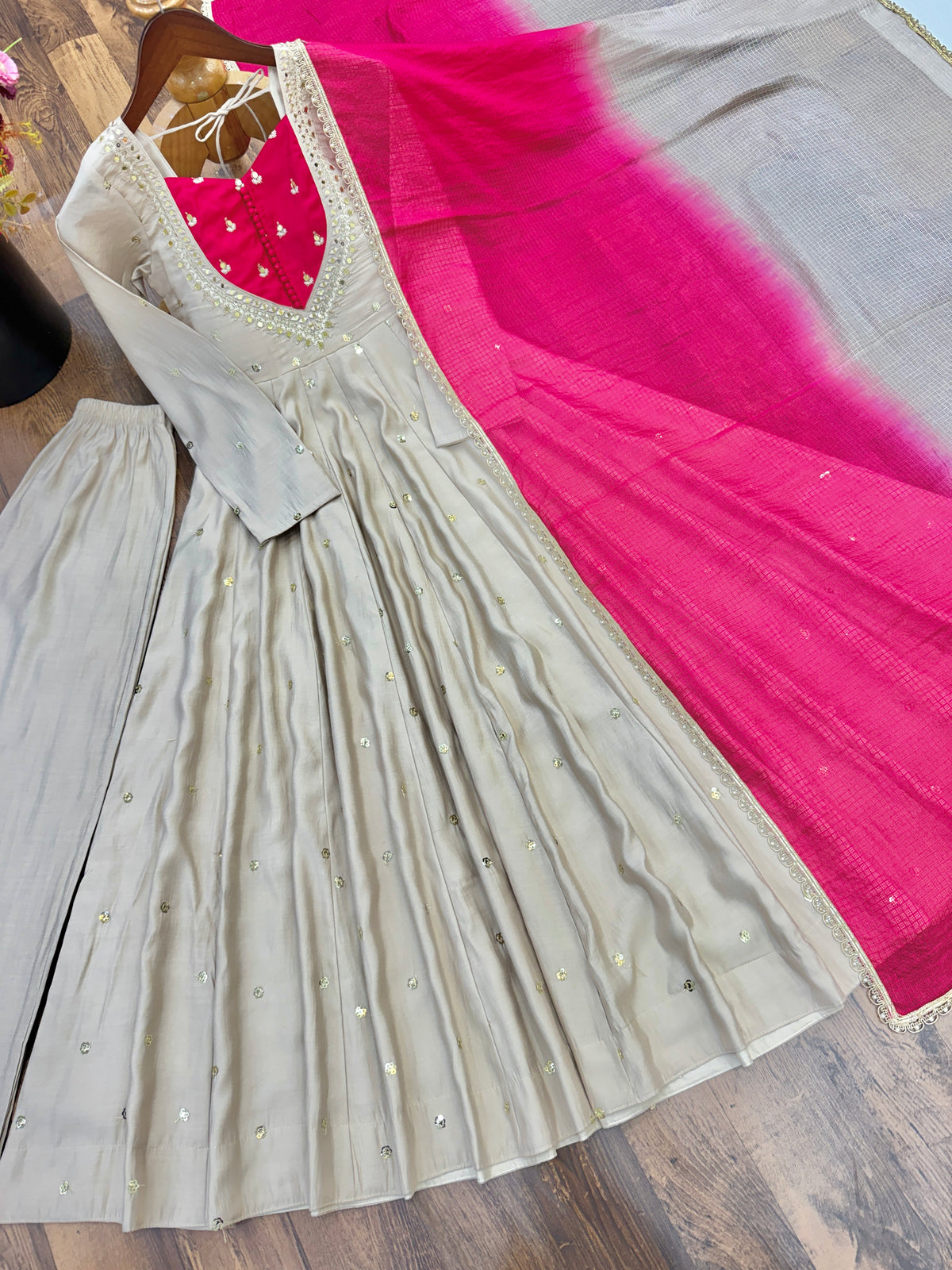Ivory Beige & Rani Pink Roman Silk Anarkali Gown With Mirror Work & Kota Dupatta