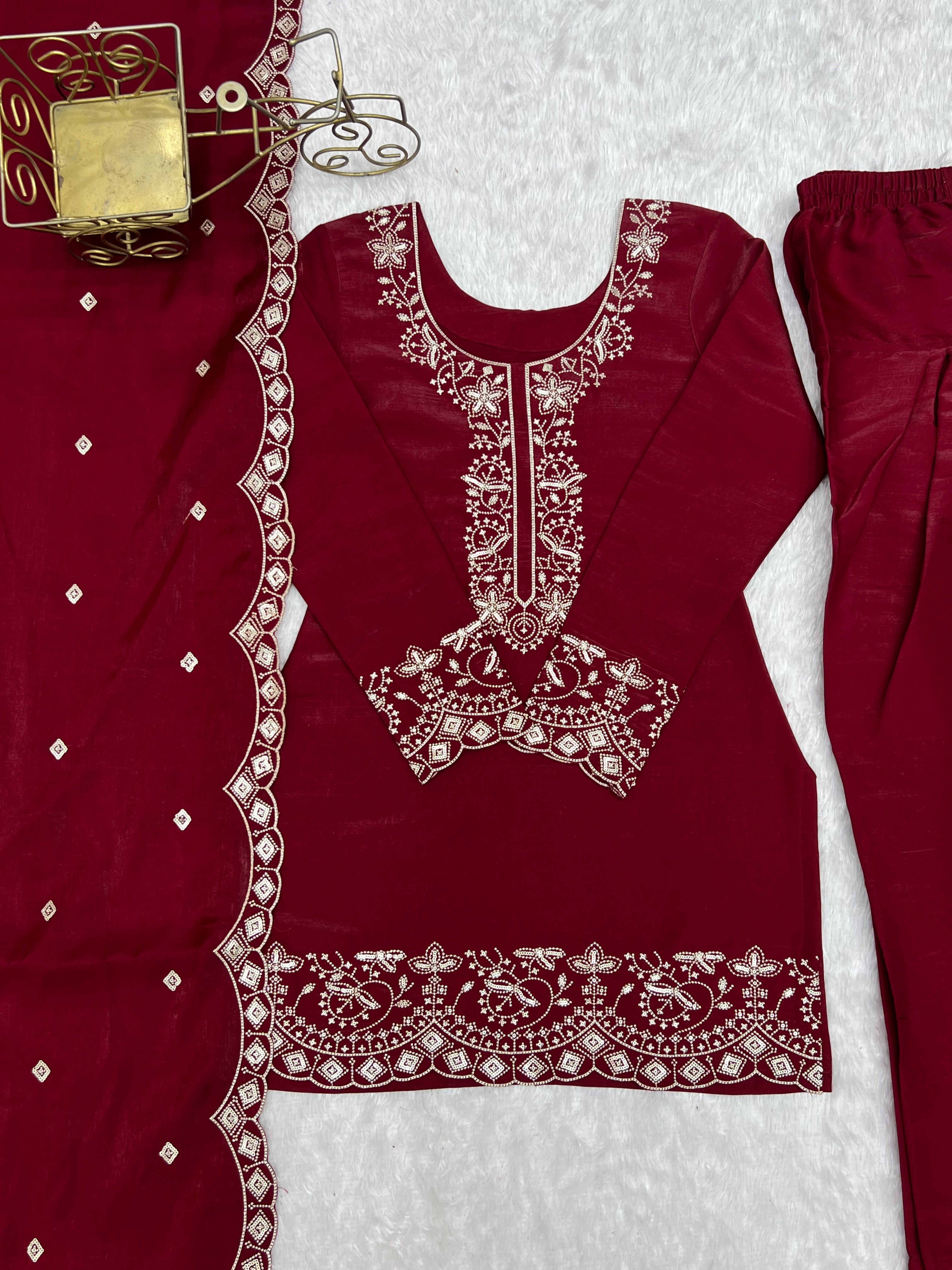 Wine Red Glass Roman Silk Kurta Set with Farshi Shalwar & Dupatta | Embroidered Festive Wear
