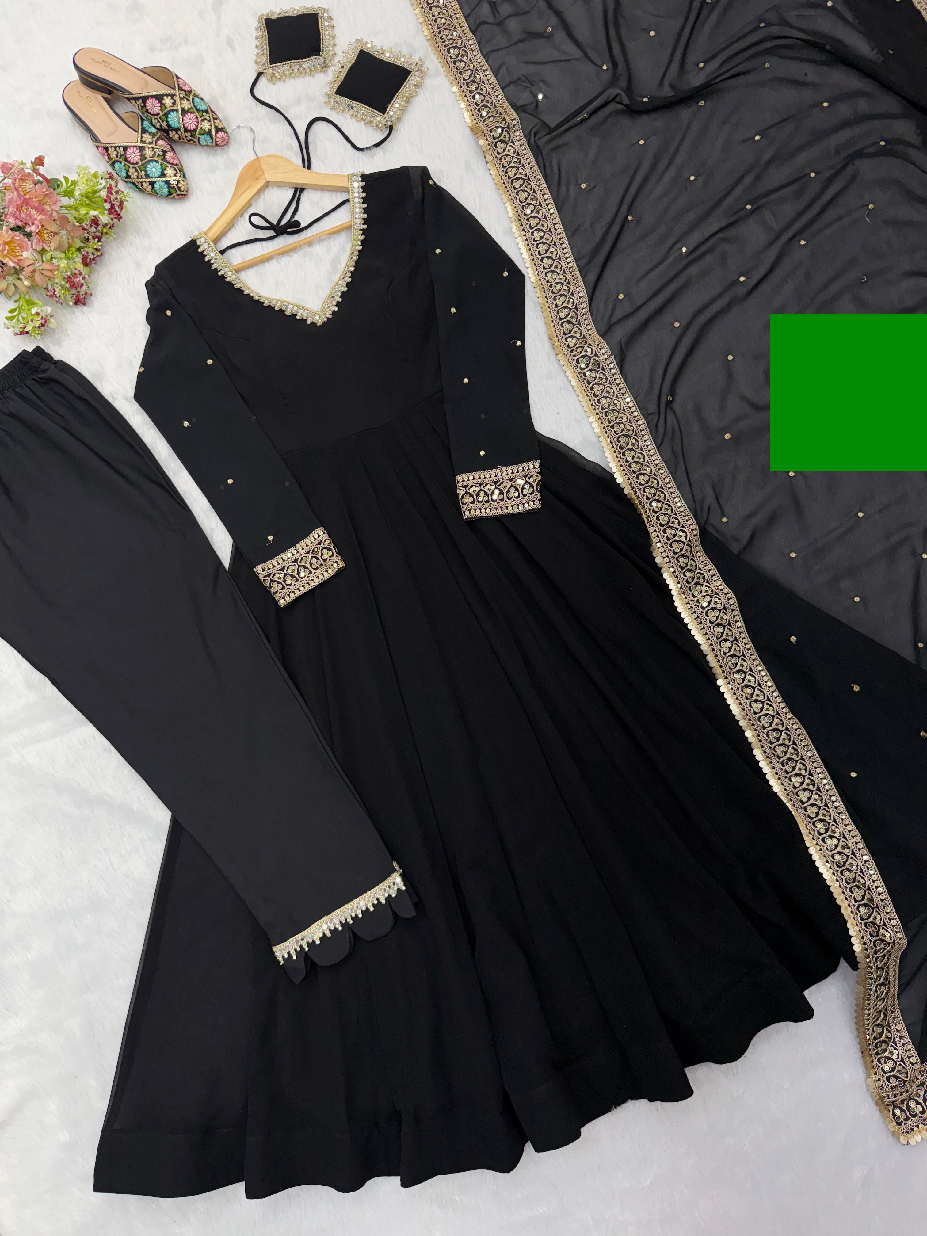 Classic Black Georgette Anarkali Gown Set with Embroidered Dupatta & Pant