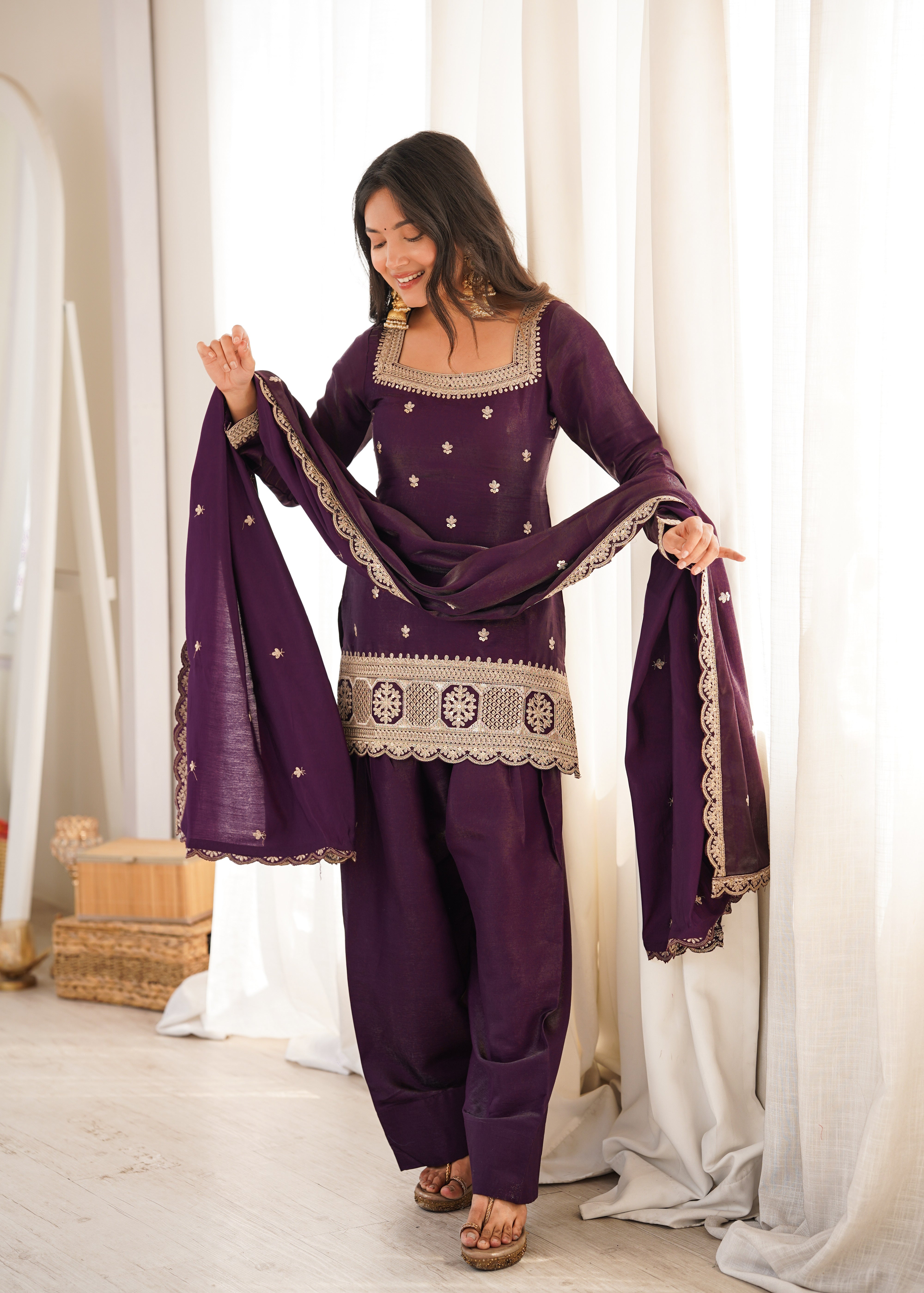 Royal Plum Designer Glass Roman Silk Kurta Set with Farshi Shalwar & Dupatta | NARDEV FASHION | ✨ Wedding Functions ✨ Festive Celebrations ✨ Mehendi & Sangeet ✨ Family Gatherings ✨ Traditional Occasions ✨ Party Wear
