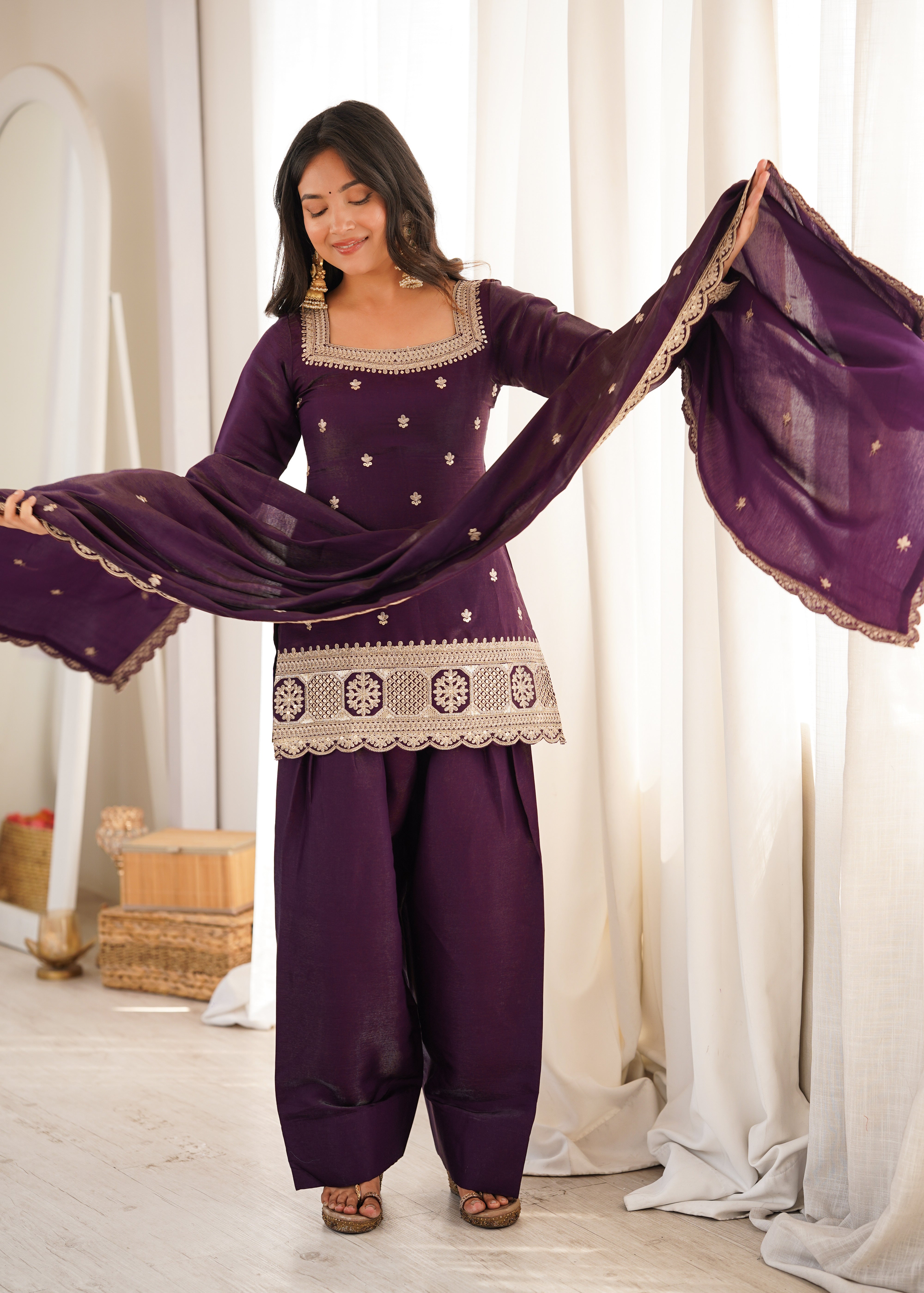 Royal Plum Designer Glass Roman Silk Kurta Set with Farshi Shalwar & Dupatta | NARDEV FASHION | ✨ Wedding Functions ✨ Festive Celebrations ✨ Mehendi & Sangeet ✨ Family Gatherings ✨ Traditional Occasions ✨ Party Wear